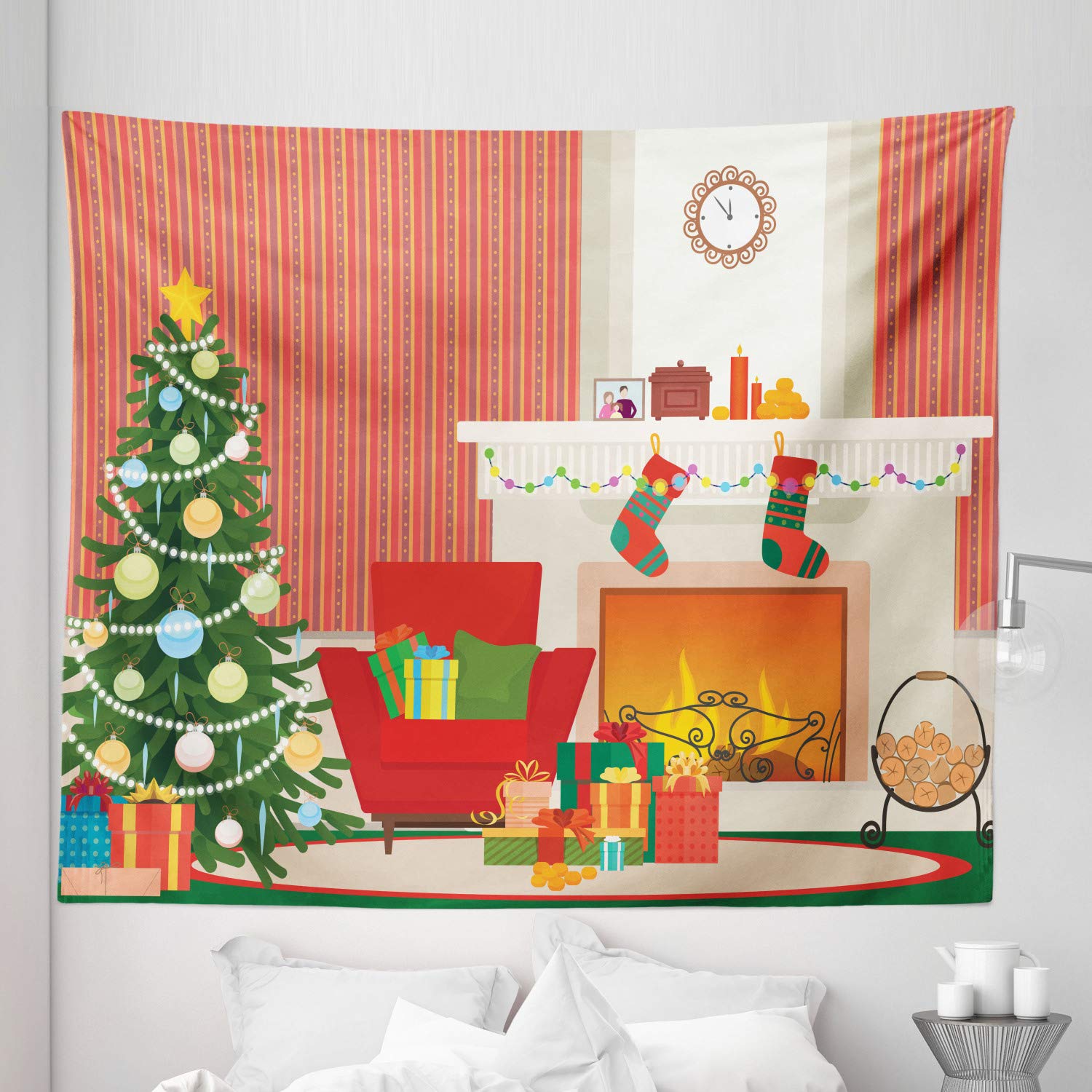 Ambesonne King Size Fireplace Tapestry - Cartoon Christmas Tree & Gift Boxes Design - 104