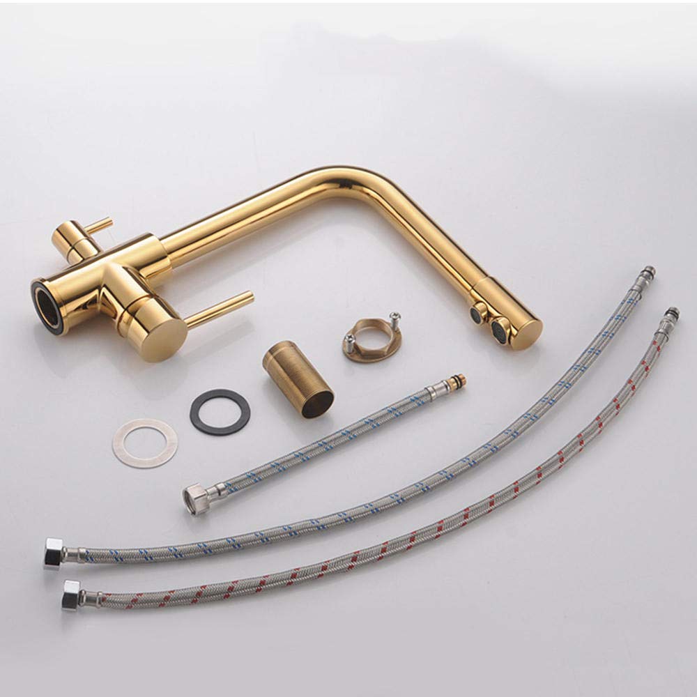 3-Way Brass Kitchen Faucet with Water Filter - Rotating Hot & Cold Drinking Water Tap for Sink (Golden) - Perfect for Modern Kitchens, Home Renovations & Direct Drinking Water Access