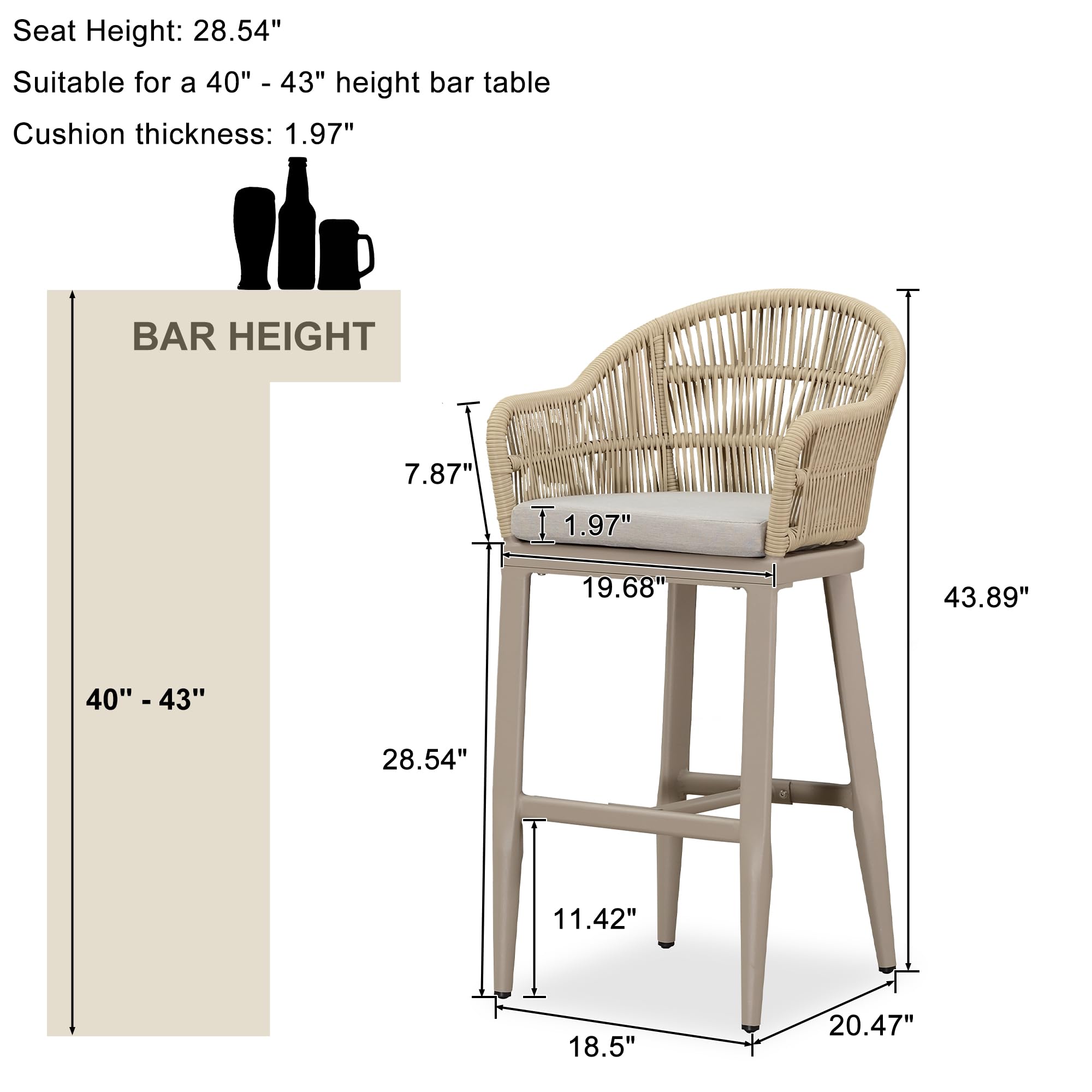 PURPLE LEAF Outdoor Bar Stools Set of 2 - Modern Wicker Rattan Bar Height Chairs with Back & Cushions - Durable Aluminum Frame for Patio, Balcony, Garden, Kitchen - Perfect for Entertaining & Relaxing Outdoors