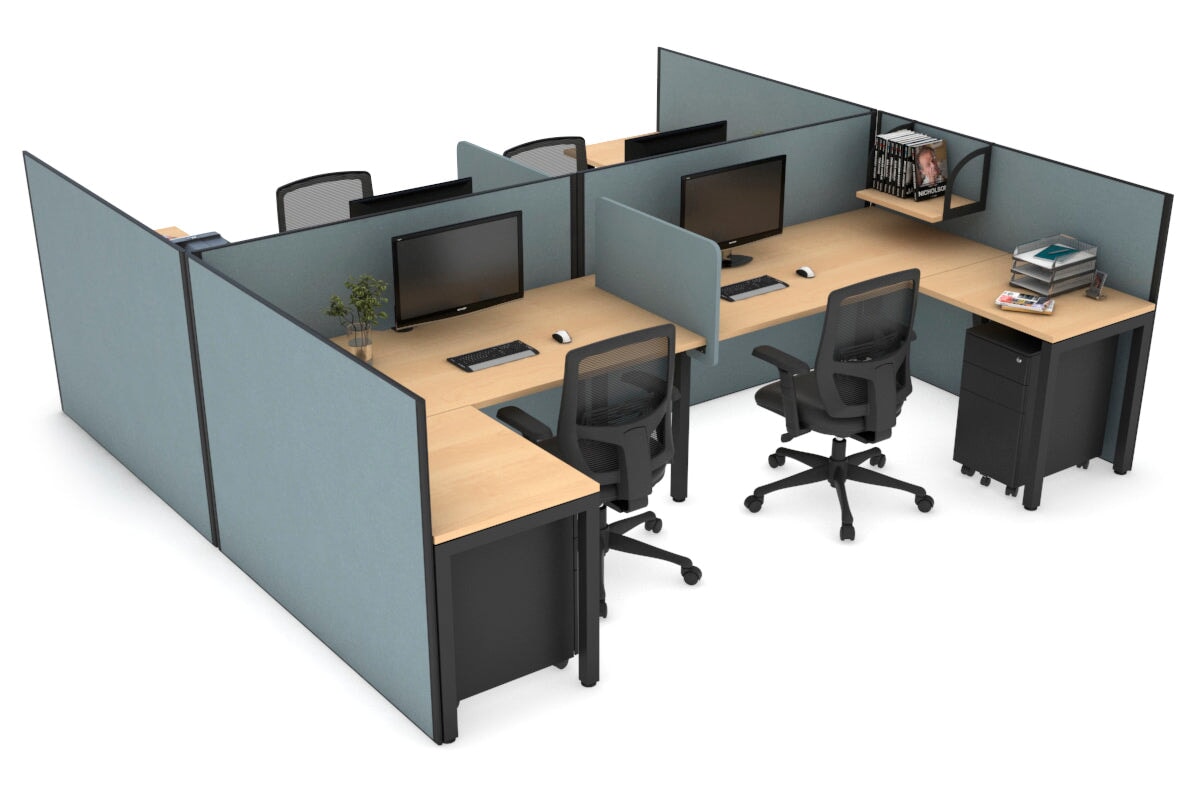 Quadro Square Legs 4-Person Corner Workstation - H Configuration Black Frame (1600L x 1800W with Cable Scallop) | Office & Conference Room Furniture for Collaborative Workspaces
