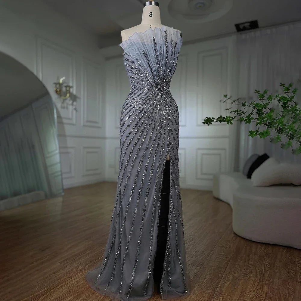 Elegant Green Mermaid Evening Gown with High Split & Off-Shoulder Beaded Design - Luxury Dubai Party Dress for Women 2025 (LA72049) | Perfect for Prom, Gala, Wedding & Formal Events
