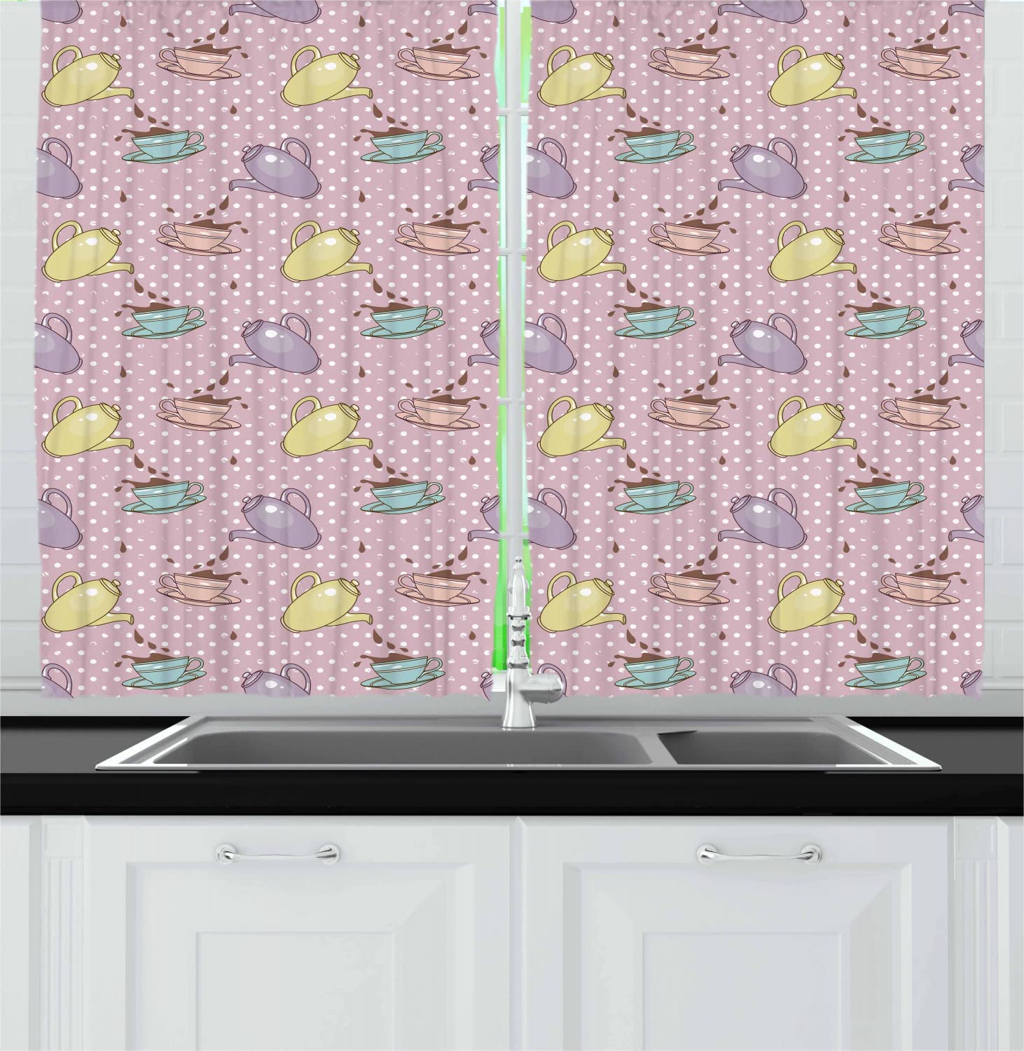 Ambesonne Tea Party Long Kitchen Curtains - Polka Dot Teapot & Teacup Retro Cartoon Design - 2 Panel Rod Pocket Drapes for Windows - 55 x 45 Inches - Lilac Turquoise Pale Green - Perfect for Vintage Themed Kitchens, Dining Rooms & Tea Party Decorations