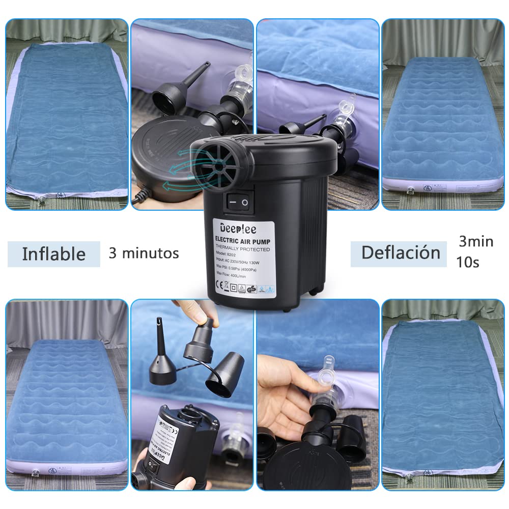 Deeplee 130W High Power Electric Air Pump, 2-in-1 Inflator & Deflator for Inflatable Mattresses, Pools, Boats, Toys - Includes 3 Nozzles - Perfect for Camping, Travel, and Home Use