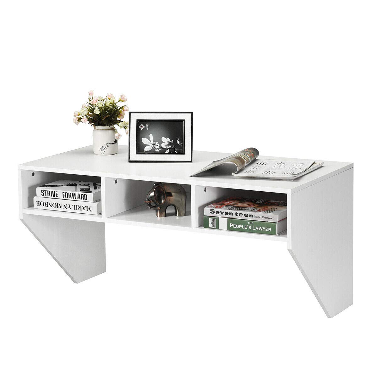 White Wall Mounted Floating Computer Desk with 3 Storage Shelves - Space Saving Laptop Study Table for Home Office, Bedroom & Living Room - Durable MDF Construction - Perfect for Small Spaces & Compact Workstations