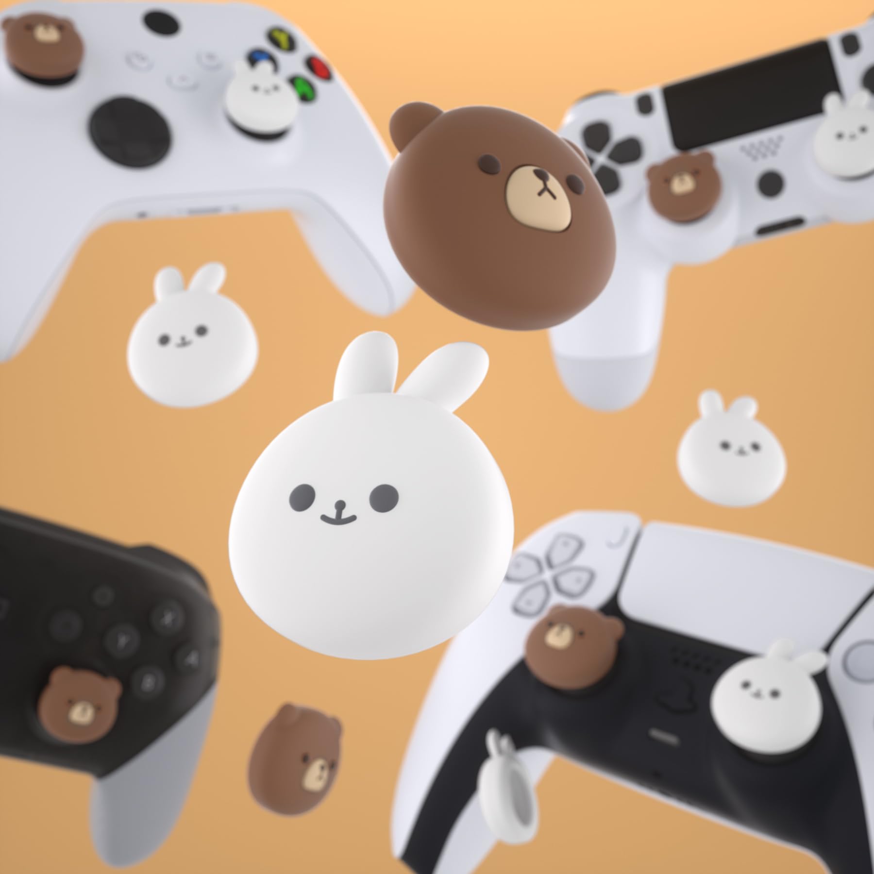 PlayVital Joystick Caps for PS5, PS4, Xbox Series X/S, Xbox One & Switch Pro Controller - Cute Bear & Smiley Rabbit Design | Protective Analog Stick Covers for Enhanced Grip & Comfort | Perfect for Gaming, Streaming & Long Play Sessions