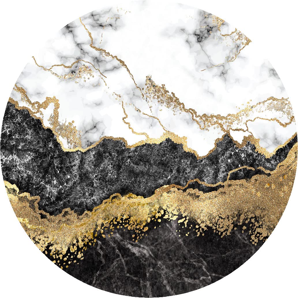 Black Gold Marble Pattern Modern Abstract Round Area Rug - 6ft Soft Washable Faux Wool Circular Carpet for Living Room, Bedroom & Dining Room | Contemporary Home Decor, Boho Chic Floor Covering for Lounge, Nursery & Office Spaces