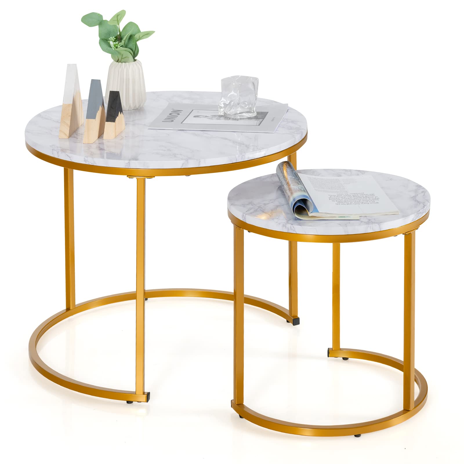 Giantex 2-Piece Round Nesting Coffee Table Set with Wooden Tabletop & Powder Coated Steel Frame - Space Saving Vintage Side Tables for Living Room, Balcony, Office - Perfect for Small Spaces, Home Decor & Entertaining (Golden)