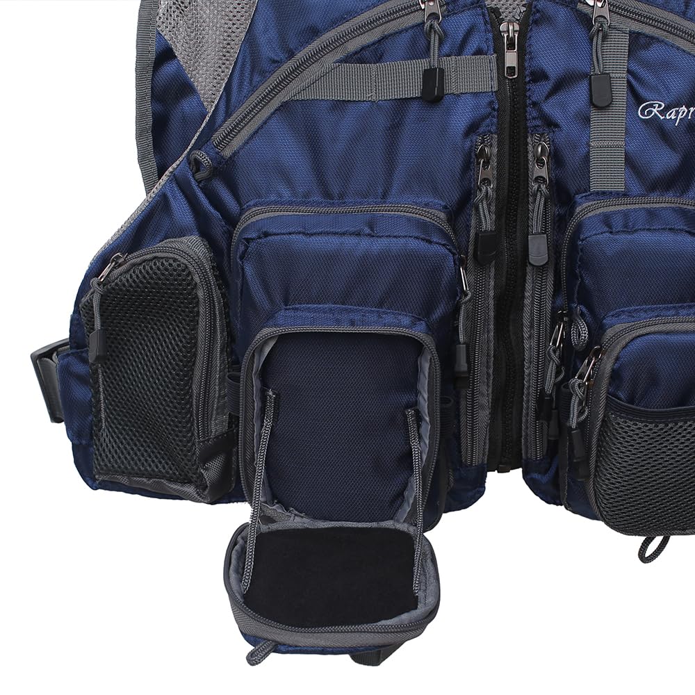 Raprance Fishing Vest for Men & Women - Lightweight Fly Bass Fishing Vest with Backpack, Adjustable & Breathable (Blue, FV01) - Perfect for Outdoor Fishing, Hiking & Camping