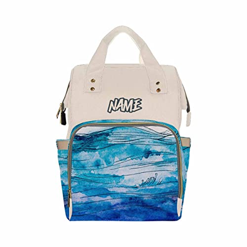 LOSARON Personalized Diaper Backpack with Custom Name - Ocean Surf Wave Design - Multi-Functional Mommy Bag with Insulated Bottle Pocket | Perfect for Baby Outings, Travel & Nursing