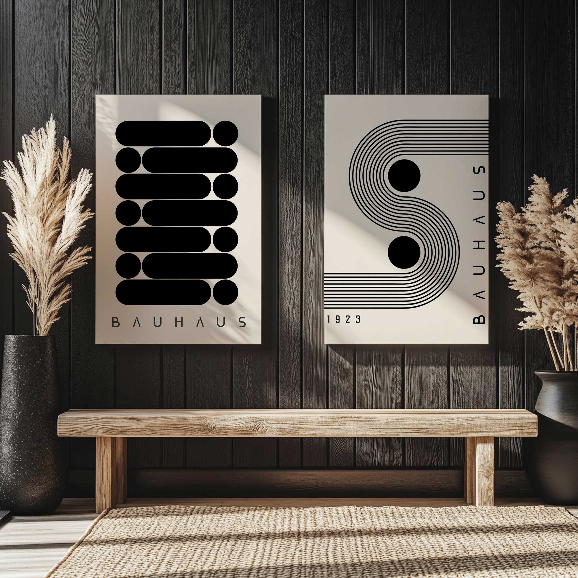 Modern Geometric Bauhaus Art - Set of 2 Framed Canvas Wall Prints for Living Room & Office Decor | Abstract Energy Painting for Home & Workspace