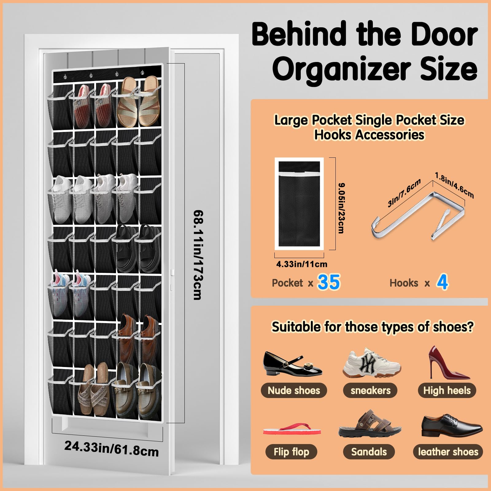 35 Compartment Breathable Mesh Over The Door Shoe Organizer for Men & Women - Large Hanging Closet Storage for Shoes, Accessories & More - Perfect for Bedrooms, Closets & Dorm Rooms (Black)