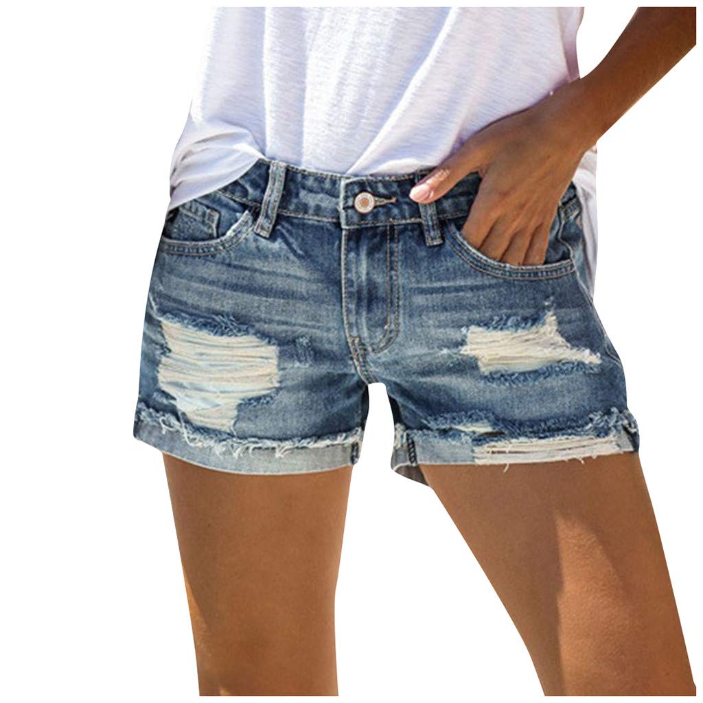 Youmymine Women's Ripped Mid Rise Stretch Denim Shorts - Distressed Rolled Hem Jean Shorts for Casual Wear, Summer Outfits & Beach Vacations