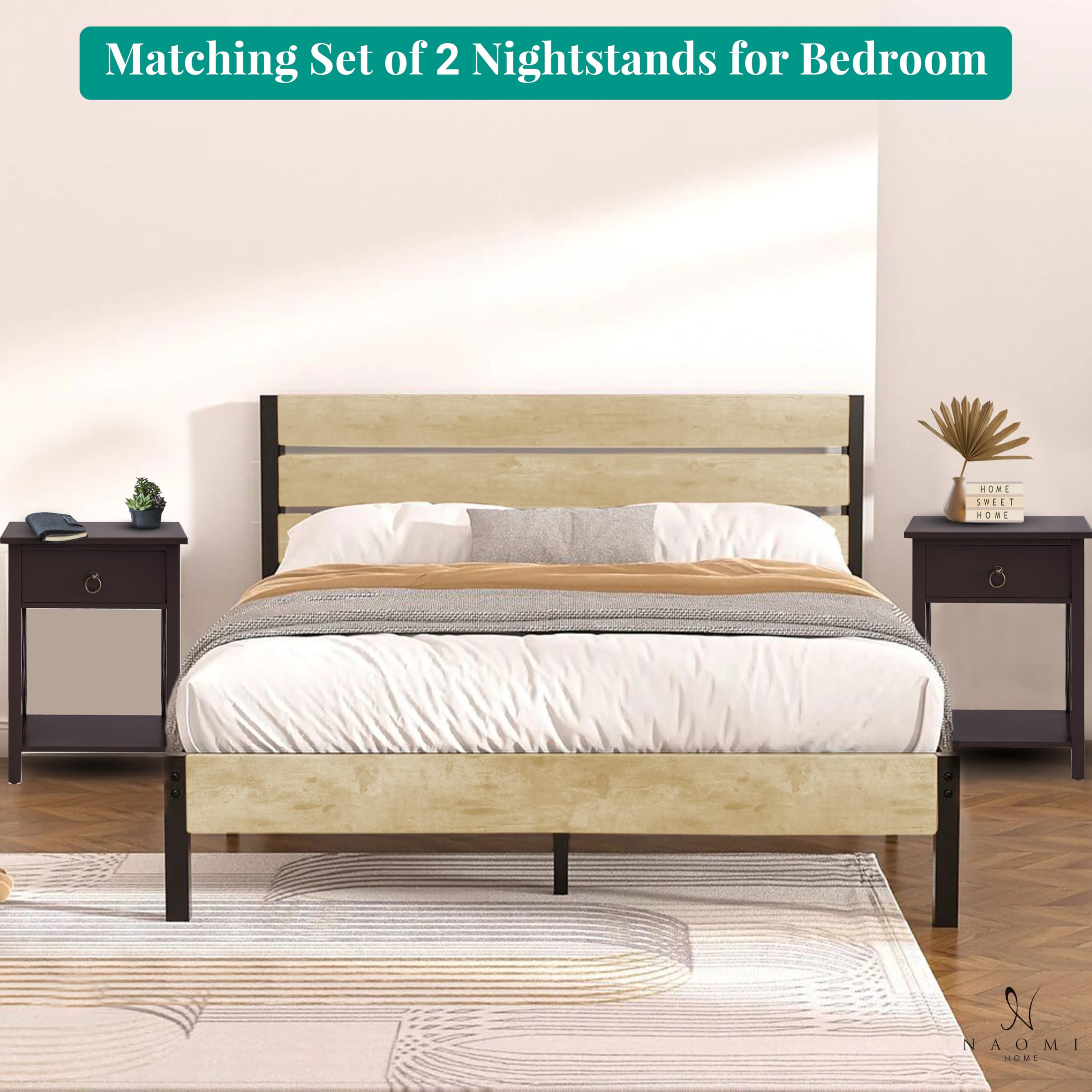 Naomi Home Small Nightstand with Storage Shelf & Drawer - Solid Wood Bedside Table for Bedroom, Living Room - Espresso Finish for Modern & Traditional Decor