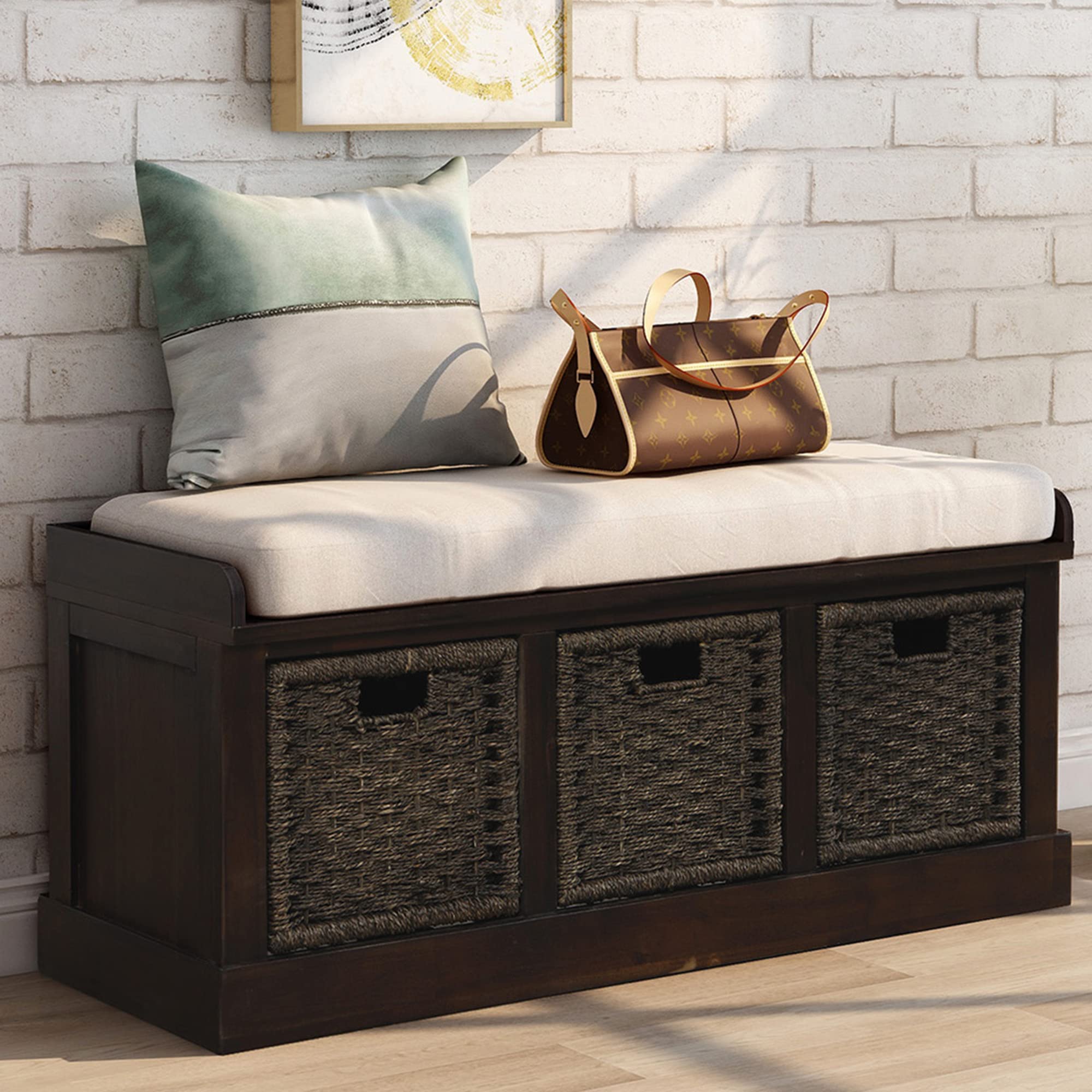 Rustic Wood Entryway Storage Bench with Removable Cushion & 3 Classic Rattan Baskets - Espresso Finish for Hallway, Living Room & Bedroom | Perfect for Organizing Shoes, Coats & Home Decor