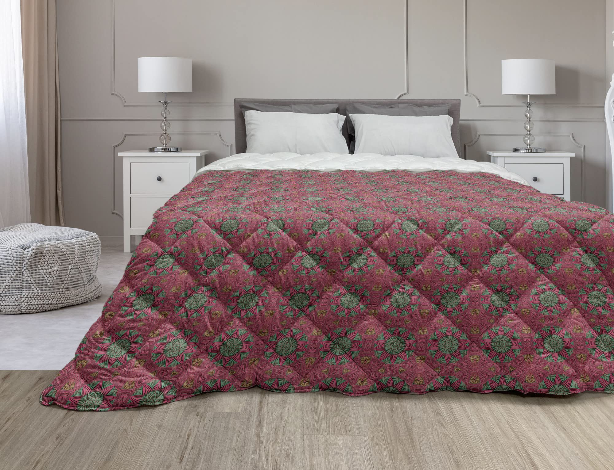 Ambesonne Floral Boho Down Alternative Comforter King Size - Tribal Folkloric Colorful Flower Petals Design, All Season Microfiber Quilt in Raspberry & Jade Green - Perfect for Bohemian Bedroom Decor, Guest Room & Dorm Essentials