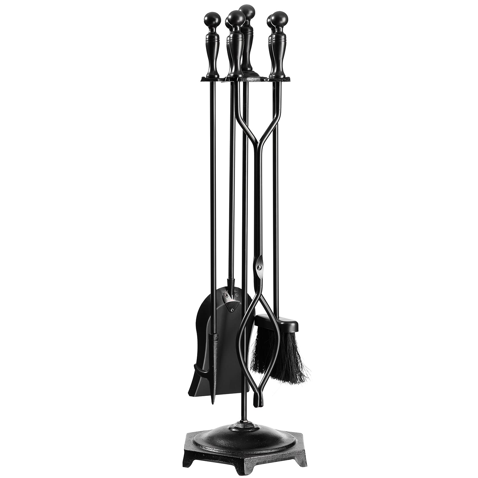 5-Piece Wrought Iron Fireplace Tools Set - Modern Fireplace Poker, Tongs, Shovel & Brush with Stand - Perfect for Fireplace Maintenance, Camping & Outdoor Fire Pits