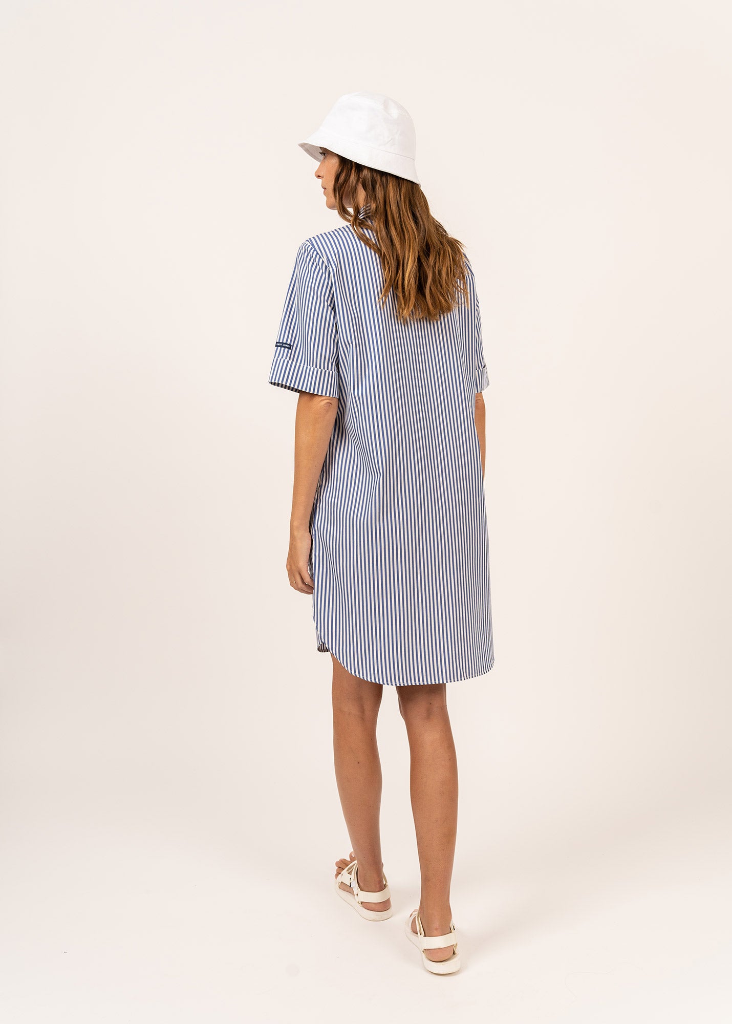 LEONIE Organic Cotton Pinstriped Shirt Dress - White & Blue | Casual Office Wear & Spring Summer Outfit