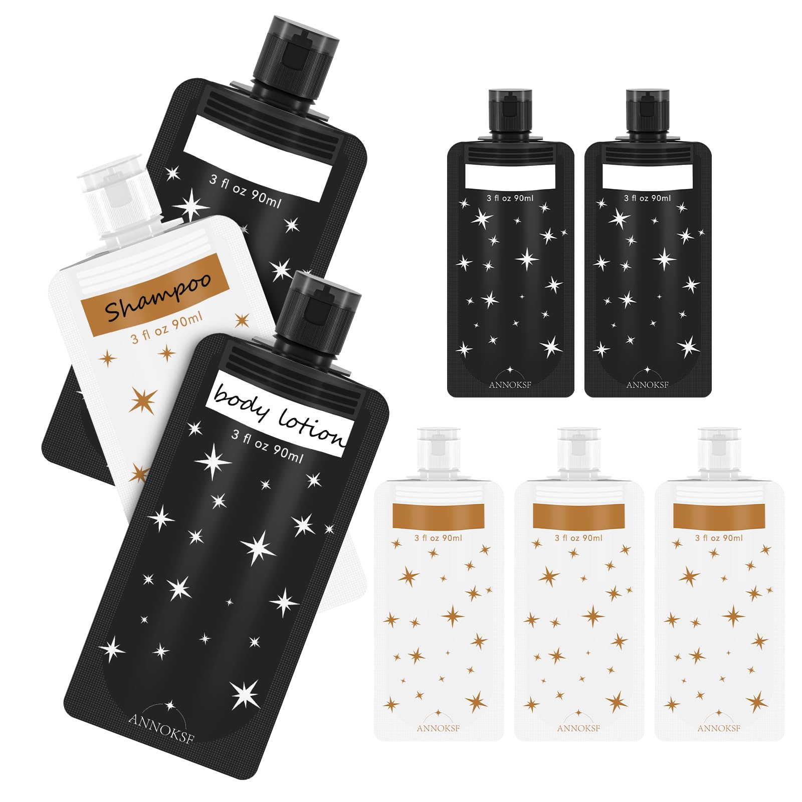 8 Pack Refillable Leak-Proof Travel Pouches for Toiletries - 3oz Squeeze Bottles for Shampoo, Conditioner & Liquids (Star Design) - Perfect for Air Travel, Camping & Gym Essentials