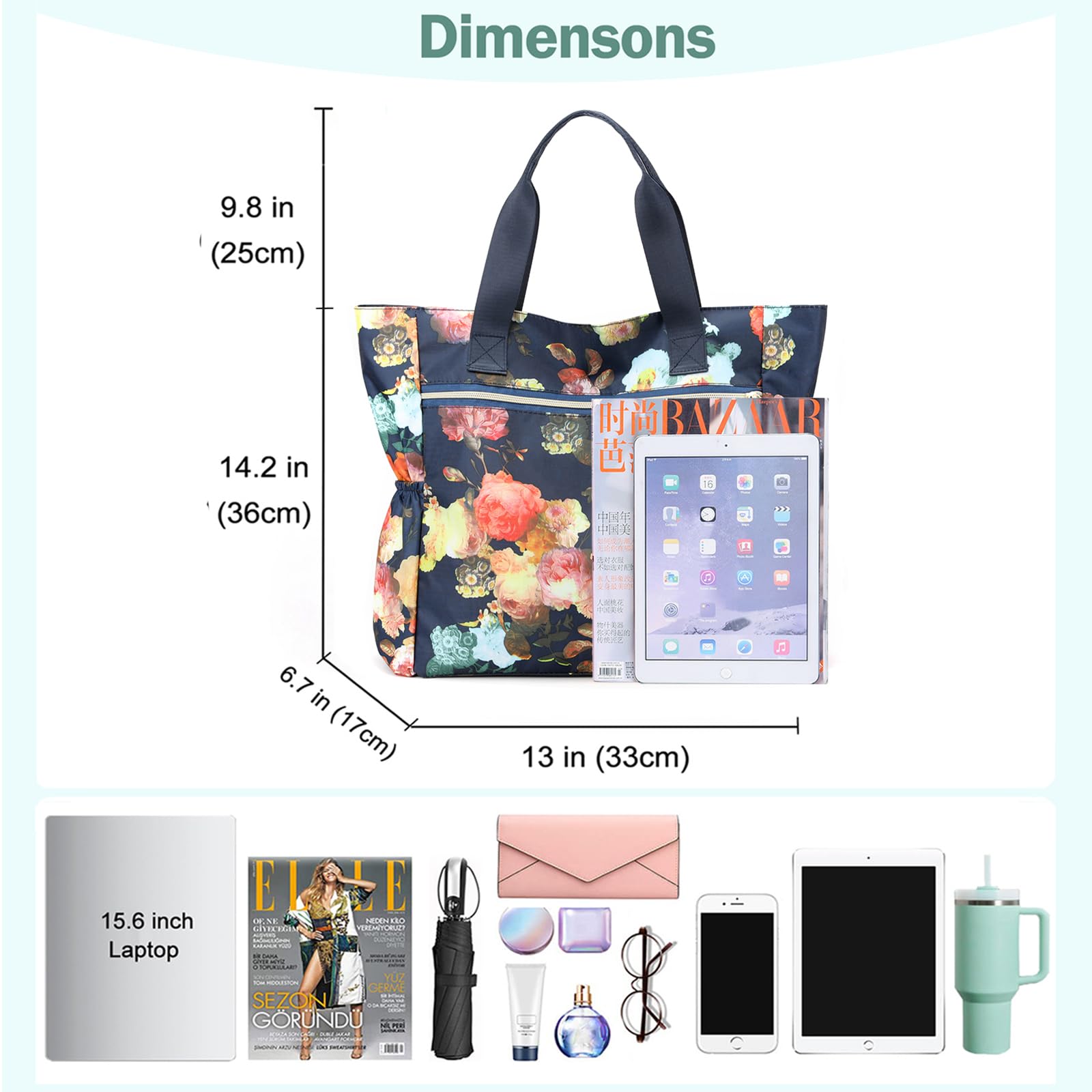 Stylish Large Nylon Tote Bag for Women - Floral Print Shoulder Handbag with Top Handle - Perfect for Travel, Work & Everyday Use