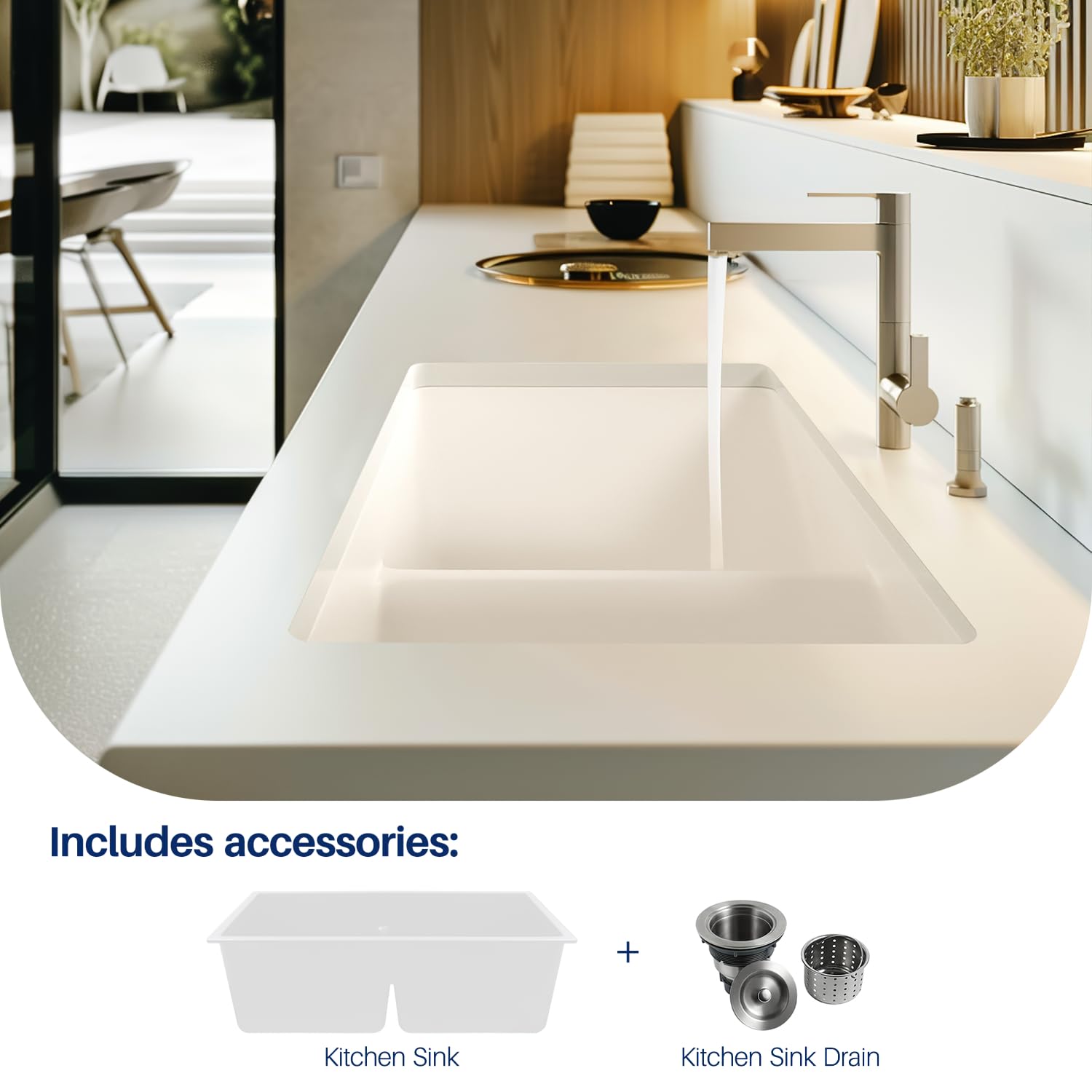 Enbol 31 Inch White Quartz Granite Composite Kitchen Sink - Durable Undermount Double Bowl, Scratch & Stain Resistant, Easy to Clean, Model 3118-W | Perfect for Modern Kitchens, Food Prep & Dishwashing