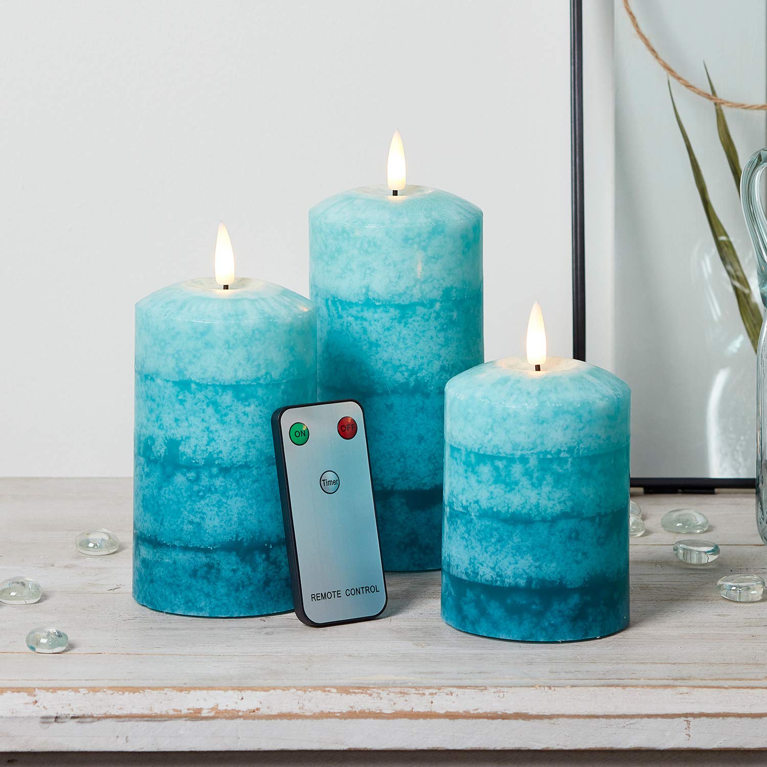 Set of 3 TruGlow Gradient Blue Wax Flameless LED Battery Operated Pillar Candles with Remote Control - Realistic Decorative Candles for Home, Wedding, Party & Romantic Ambiance Lighting