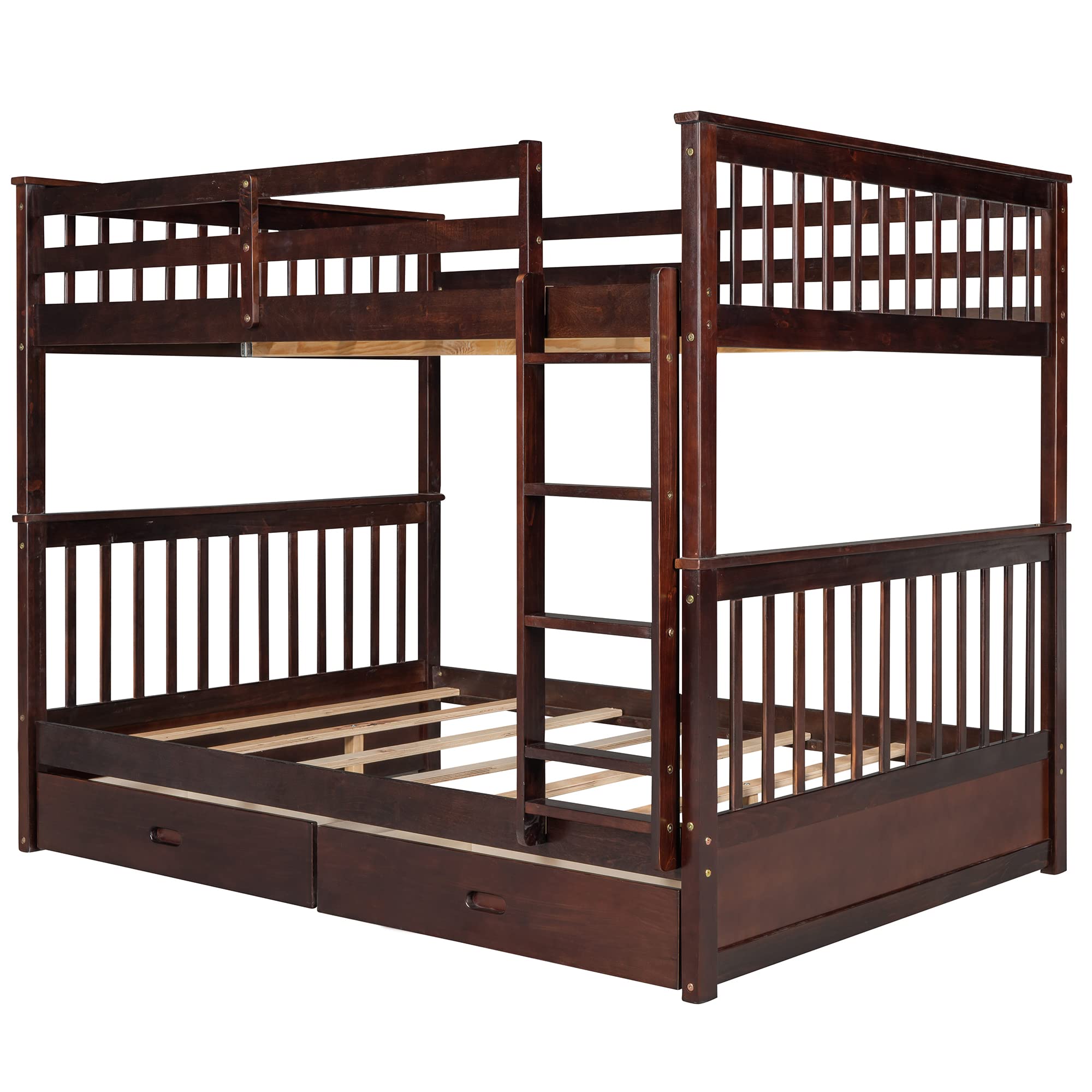 JULYFOX Full Over Full Bunk Bed with 2 Large Drawers - Pine Wood Bunk Bed Frame for Kids, Teens & Adults - No Box Spring Needed - Space Saving Solution for Small Bedrooms, Dorms & Guest Rooms - Espresso Finish