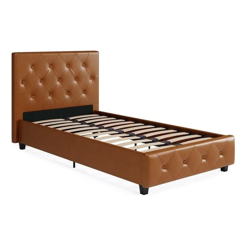 DHP Dakota Upholstered Platform Bed Frame with Diamond Button Tufted Headboard & Footboard - No Box Spring Required - Twin Size Camel Faux Leather - Perfect for Small Bedrooms, Guest Rooms & Dormitories