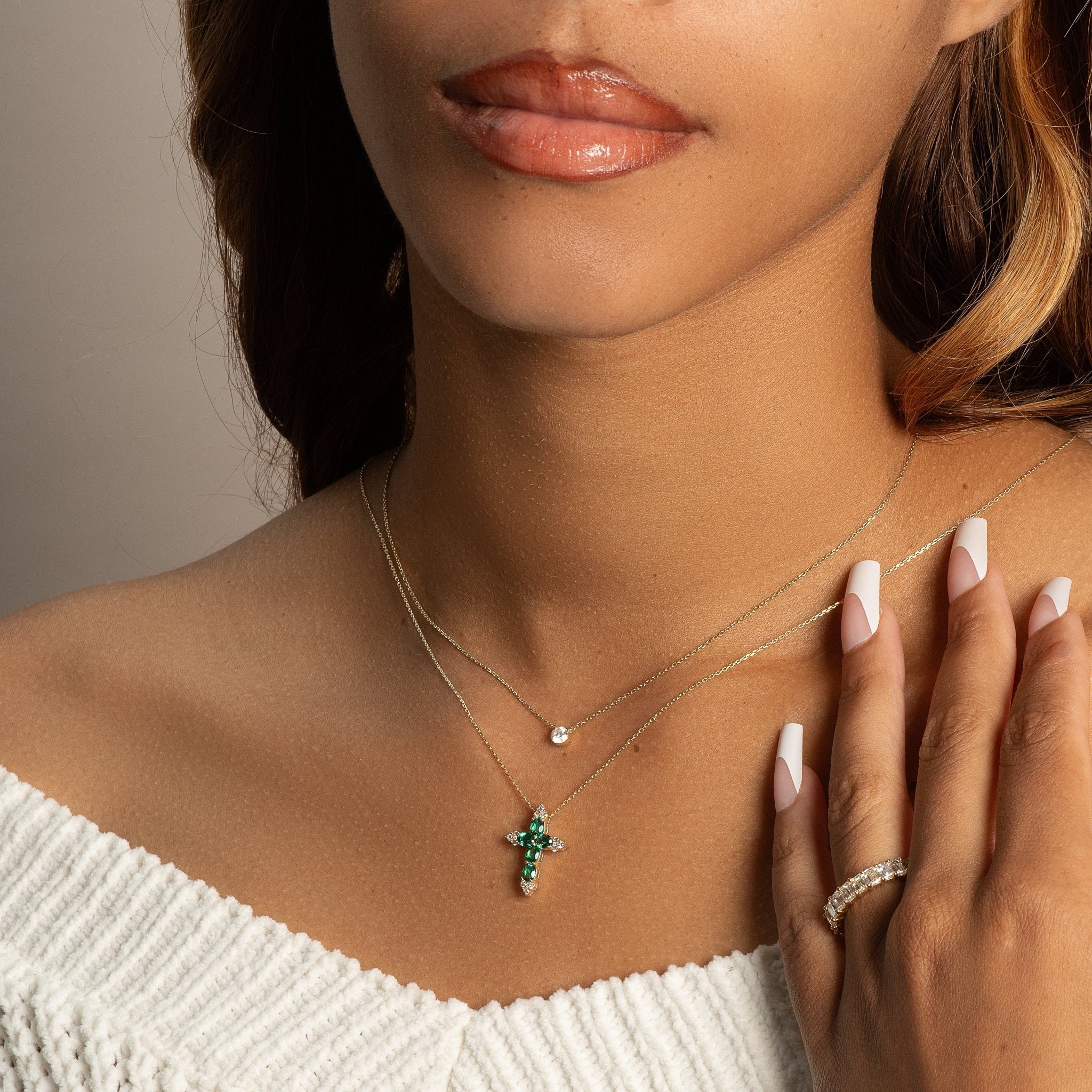 10k Yellow Gold Emerald and White Sapphire Cross Pendant Necklace for Women - Elegant Religious Jewelry Gift for Baptism, First Communion & Everyday Wear