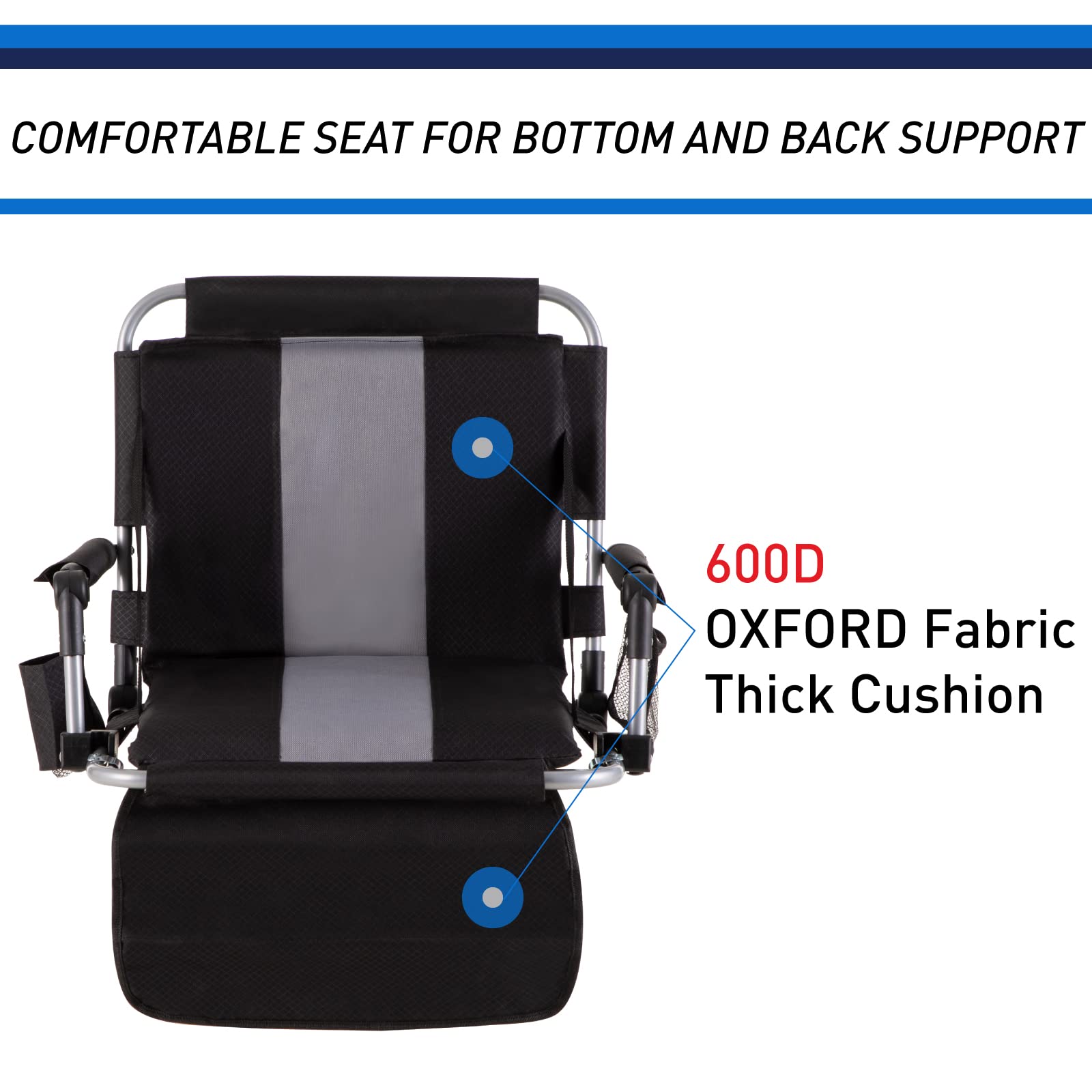 Portable Stadium Chair with Armrest & Back Support - Folding Bleacher Seat for Outdoor Events, Sports Games & Concerts - Includes Cup Holder, Mesh Storage Bag & Hide Hooks - Perfect for Football, Baseball, Camping & Picnics