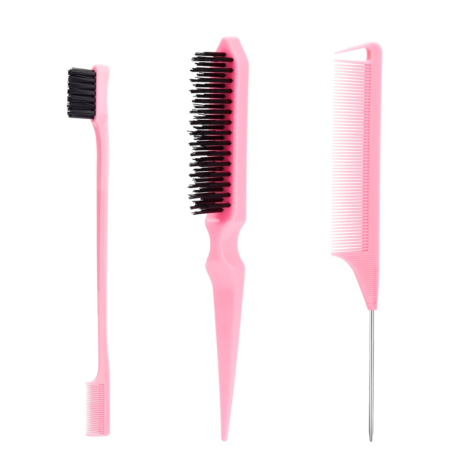 3 Pcs Slick Back Hair Brush Set with Rat Tail Comb, Edge Brush & Bristle Brush - Perfect for Sleek Ponytails, Buns, Edge Control & Smoothing Baby Hair - Pink | Professional Styling Tools for Salon & Home Use