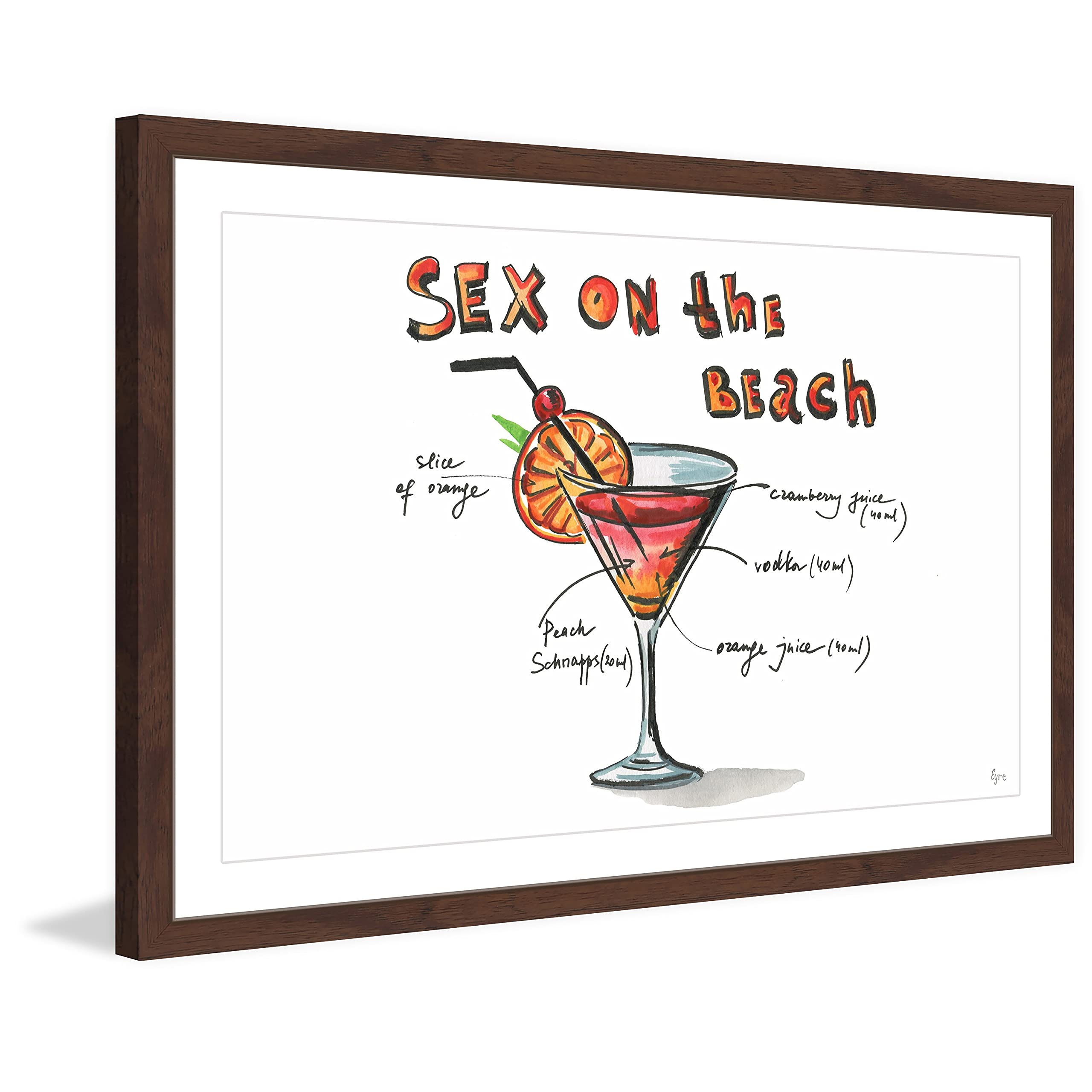 Handmade Sex on The Beach Cocktail Recipe Framed Art Print 30x20 Inches - Vibrant Kitchen & Bar Wall Decor for Home, Restaurant & Office
