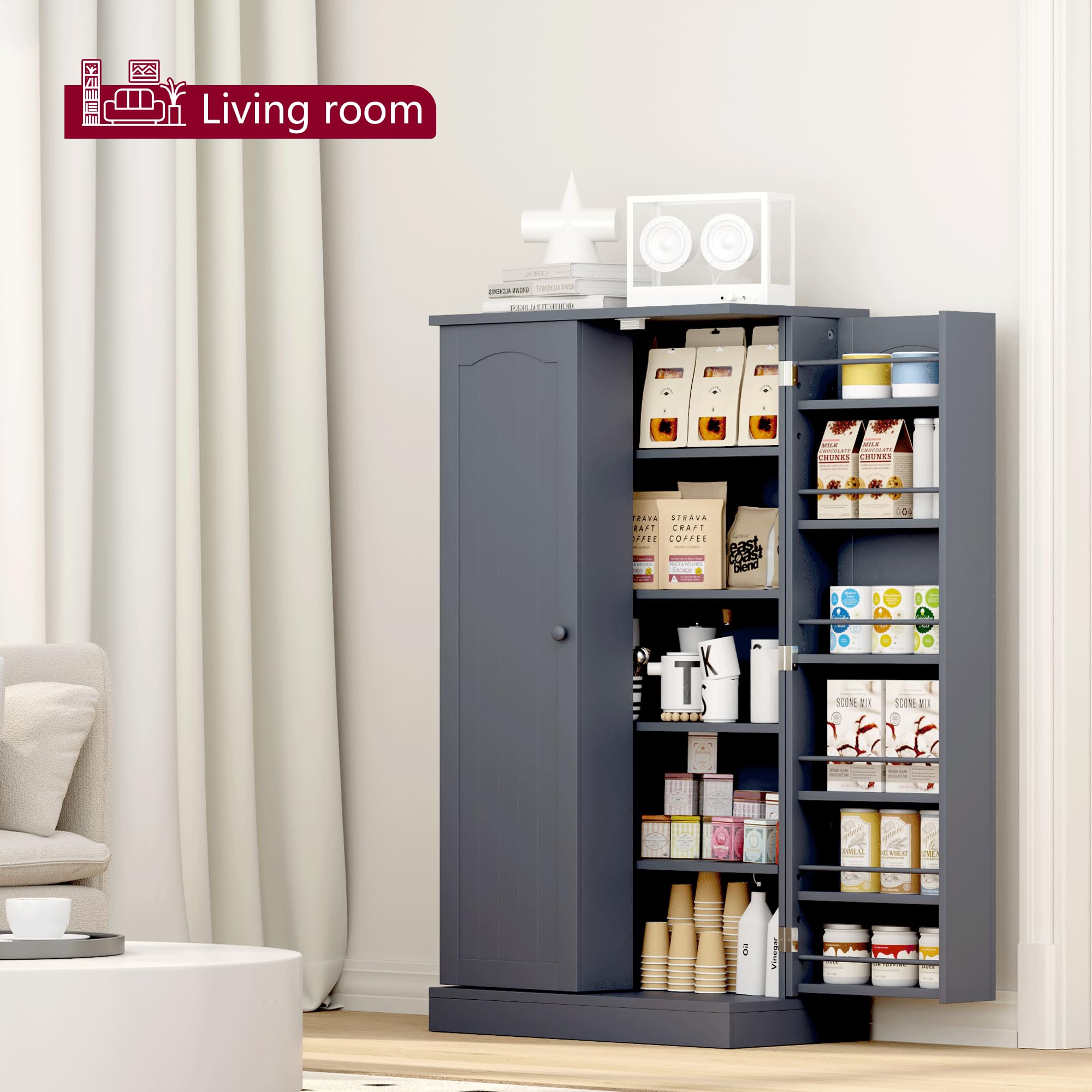 HOME BI Kitchen Pantry Cabinet - Grey Storage Cupboard with Doors & Adjustable Shelves for Kitchen, Dining Room & Living Room - Perfect for Organizing Spices, Dishes & Home Essentials
