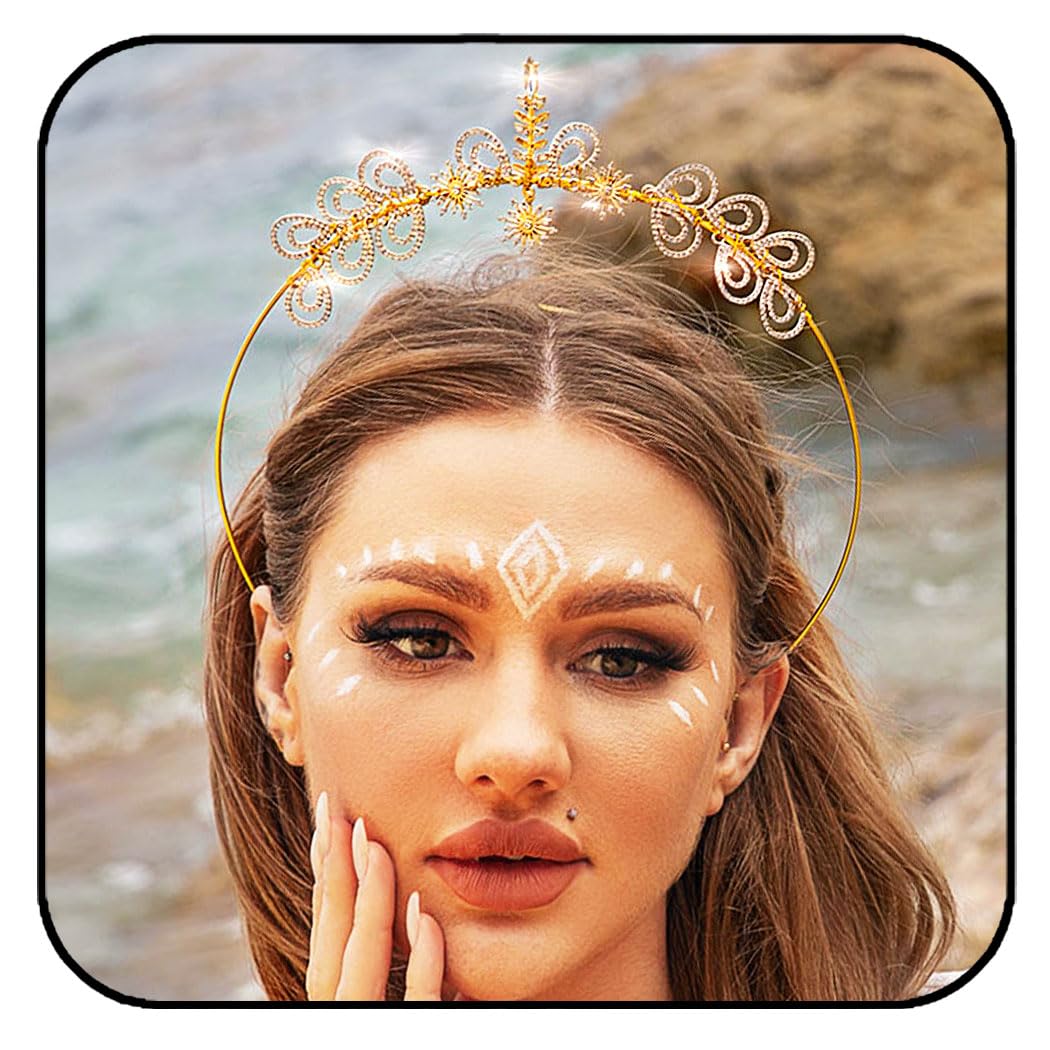 Formery Mary Goddess Halo Crown Headband - Gold Rhinestone Star Leaf Halo Headpiece for Women | Festival, Cosplay, Halloween Hair Accessories | Waterdrop Crystal Bridal Hair Jewelry for Weddings, Parties & Photo Shoots