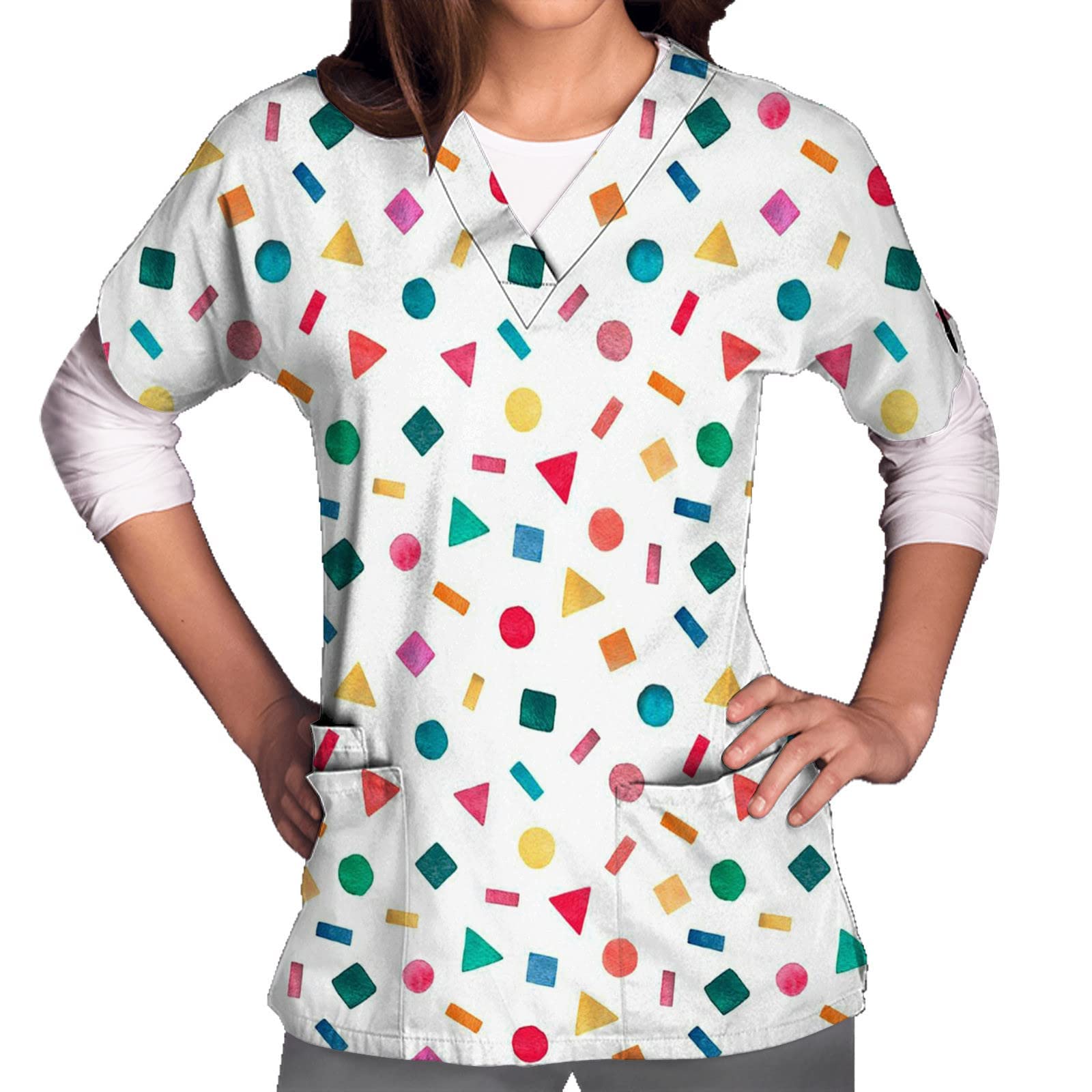 Women's Loose Fit Short Sleeve V-Neck Work Shirt with Floral Print & Pockets - Casual Summer Tops for Office, Outdoor Activities & Everyday Wear