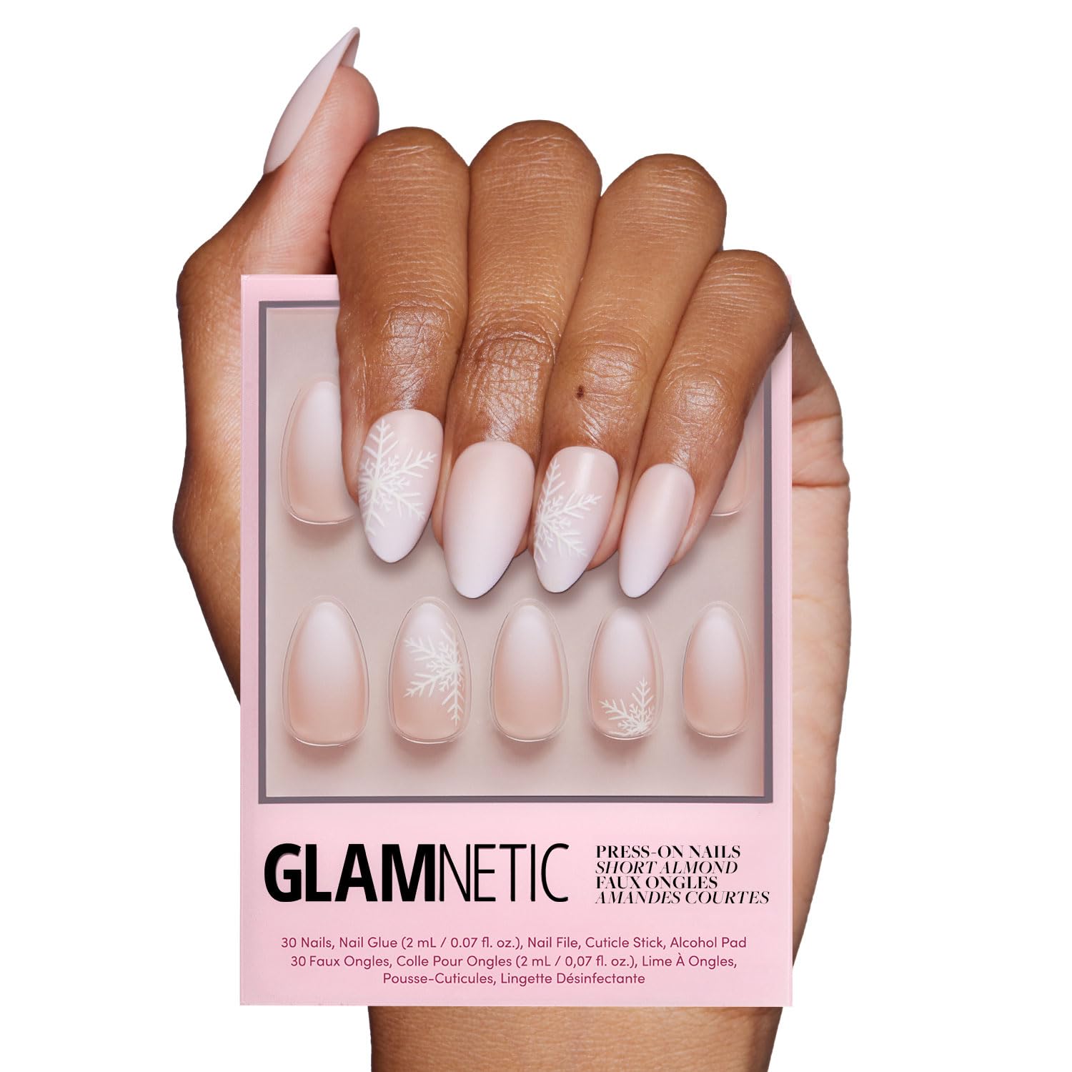 Glamnetic Press On Nails - Snowdrift | Opaque Gradient Ombre & Snowflake Design Short Almond Fake Nails, Reusable Stick On Nails with Glue | Salon Quality Manicure | 15 Sizes - 30 Piece Kit | Perfect for Holidays, Parties & Special Occasions