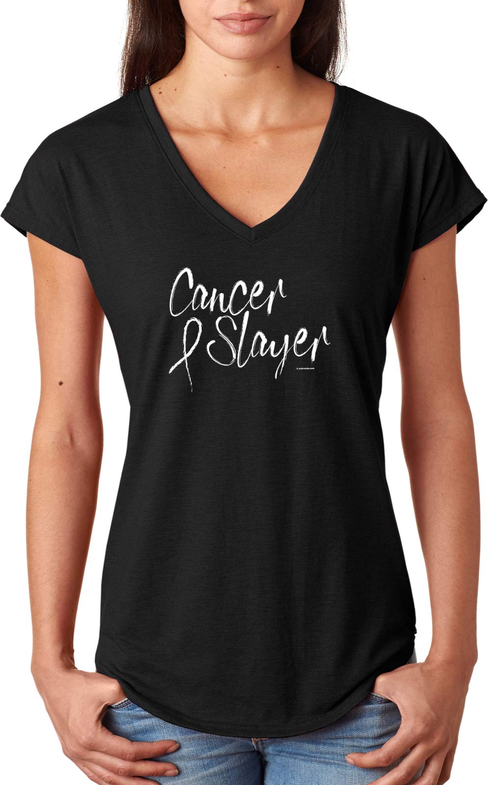 Cancer Awareness Slayer Ladies Tri-Blend V-Neck T-Shirt - Comfortable & Stylish Support Shirt for Breast Cancer Awareness Events & Everyday Wear