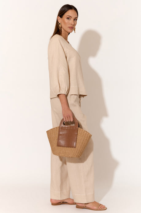Mia Camel Contrast Stitch Linen Blouse for Women | Casual Summer Tops | Perfect for Beach Outings & Date Nights