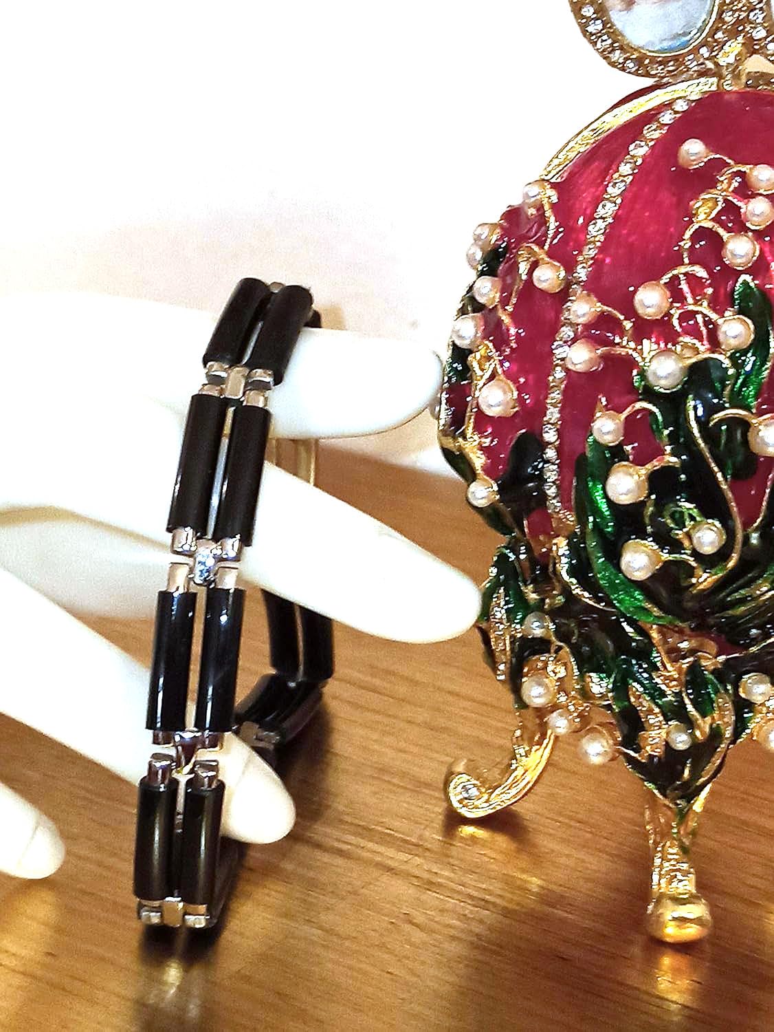 Handmade Imperial Faberge Egg Style Jewelry Box & Bracelet Set - 24K Gold Plated Austrian Crystal Diamond Decor, Luxury Gift for Men (Ruby Red) - Perfect for Birthday, Christmas, Anniversary & Special Occasion Gifts