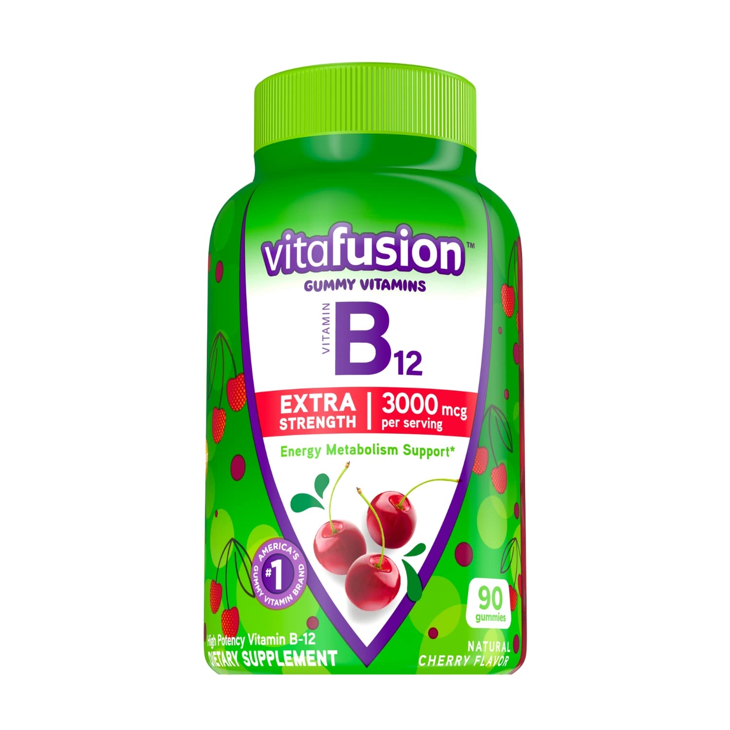 Extra Strength Vitamin B12 Gummies - Cherry Flavor, 90 Count | Supports Energy, Metabolism & Nervous System - Perfect for Adults & Kids Daily Health