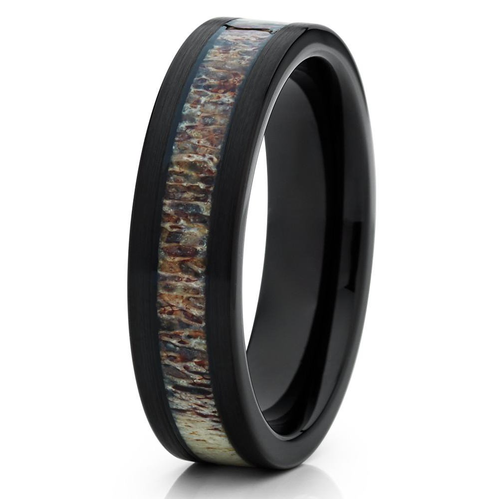 6mm Black Tungsten Wedding Ring with Deer Antler Inlay - Comfort Fit Anniversary Band for Men & Women - Unique Natural Design for Everyday Wear & Special Occasions