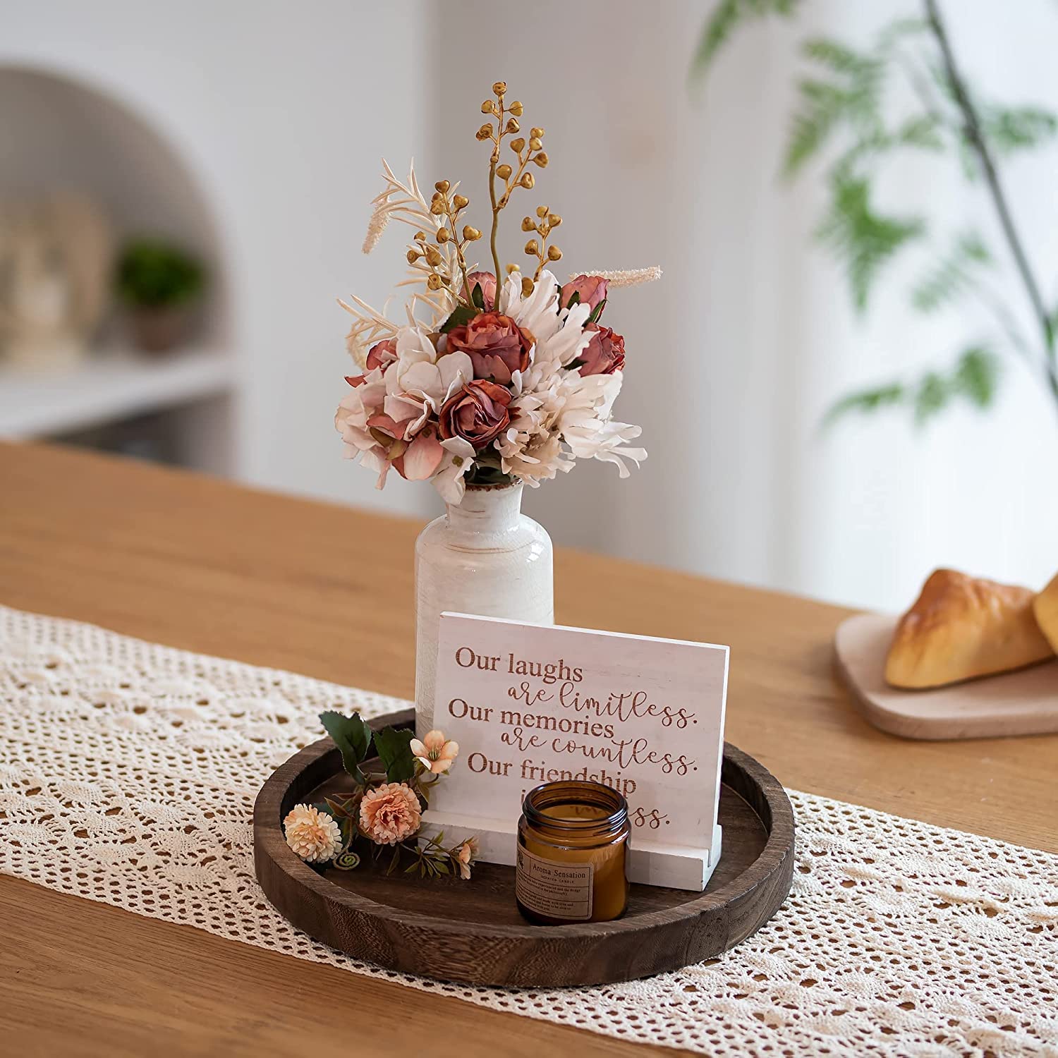 Rustic White Round Wooden Decorative Storage Tray - Farmhouse Coffee Table Centerpiece, Kitchen Counter & Bathroom Organizer - Perfect for Living Room, Bedroom & Home Decor