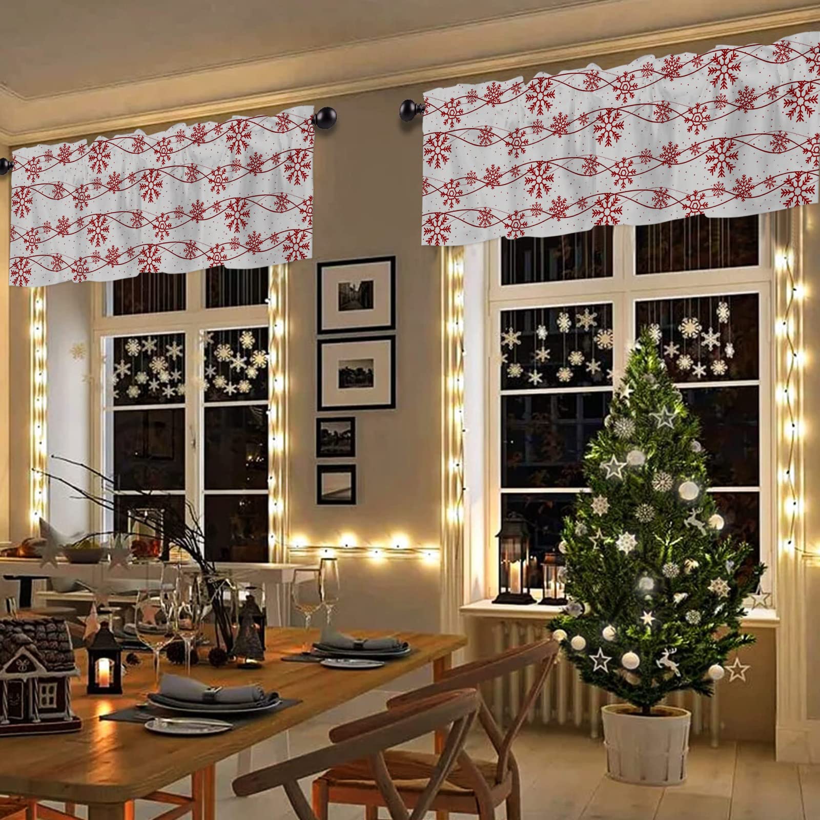 Red Christmas Snowflake Valance Curtains - Winter Xmas Snowy Stripes Rod Pocket Window Valance for Living Room, Bedroom, Bathroom & Kitchen - Perfect for Holiday Decor & Small Window Treatments