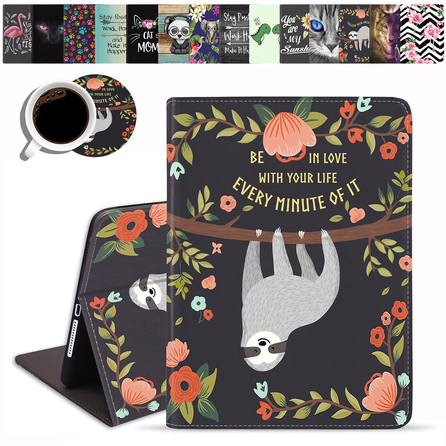 Premium Shockproof TPU Case for iPad 9.7 (2018/2017), iPad Air/Air 2 - Adjustable Folio Smart Cover with Auto Sleep/Wake Function, Cute Baby Sloth on Tree Design - Perfect for Work, School & Travel (Includes Free Coasters)