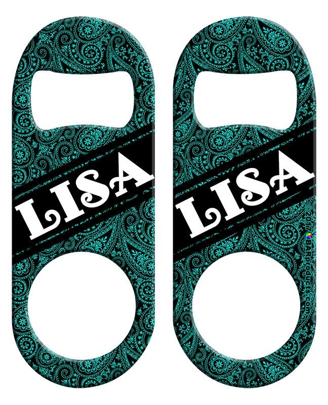 Personalized Mini Bottle Opener with Retractable Reel - Teal Paisley Design - Perfect for Keychains, Camping, Parties & Gifts