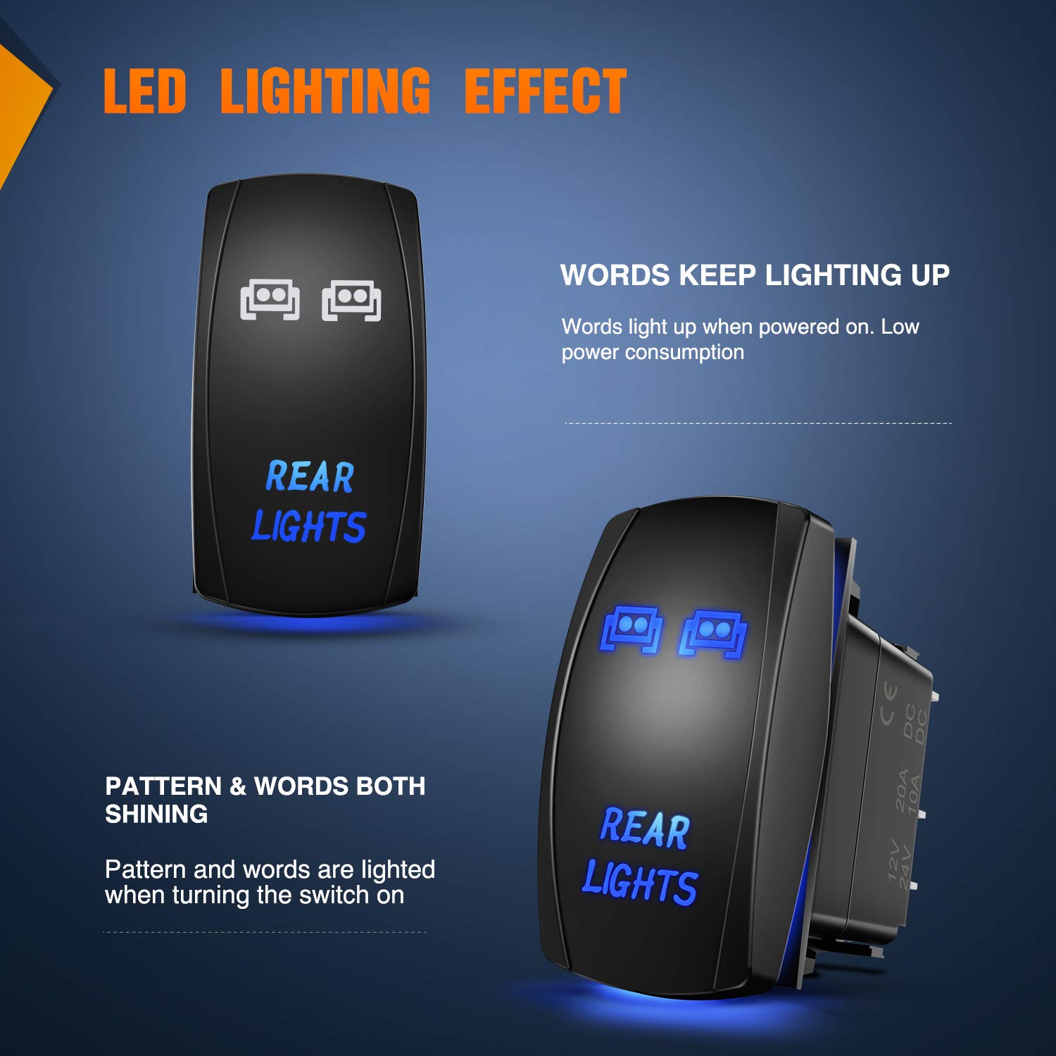 Nilight NI-RS05 5-Pin LED Light Bar Rocker Switch with Laser Engraving - 20A/12V 10A/24V On/Off Switch Kit with Jumper Wires (Blue) - 2 Year Warranty - Perfect for Off-Road Trucks, ATVs, Boats & Marine Lighting Systems