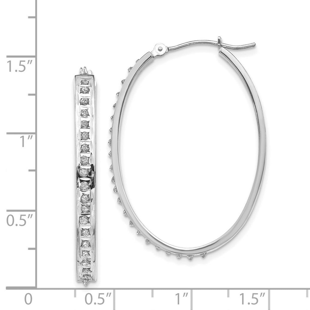 14K White Gold Polished Diamond Oval Hinged Hoop Earrings for Women - 37x4mm Wide, Elegant Everyday Jewelry for Work, Parties & Special Occasions
