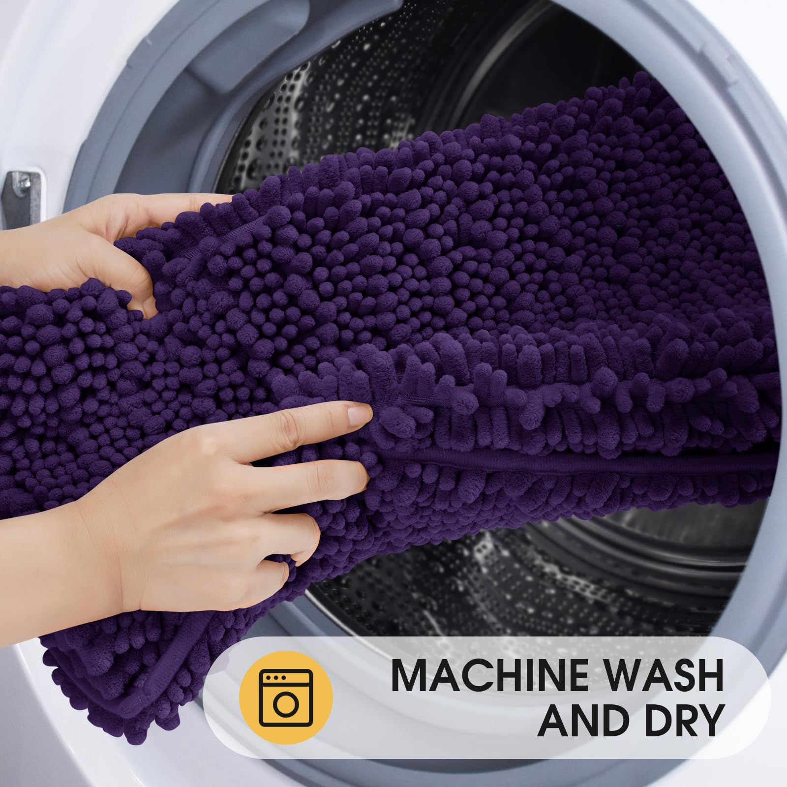 ACCUMTEK Extra Large Dark Purple Bathroom Rug Set - 3 Piece Ultra Soft, Thick Absorbent Non-Slip Chenille Bath Mats for Bathroom, Bedroom & Kitchen | Perfect for High Traffic Areas & Luxury Home Decor
