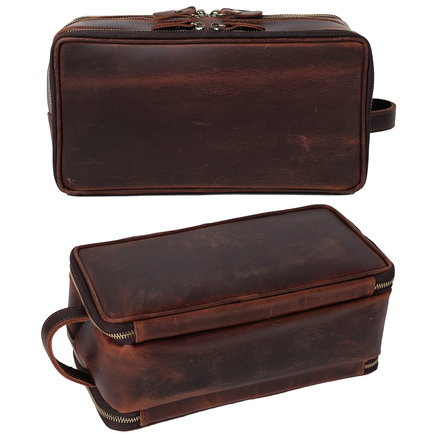 Premium Full Grain Leather Toiletry Bag for Men - Personalized Travel Shaving Dopp Kit, Large Cosmetic Organizer with Monogram Option (Coffee Brown) - Perfect for Business Trips, Gym Essentials & Bathroom Storage