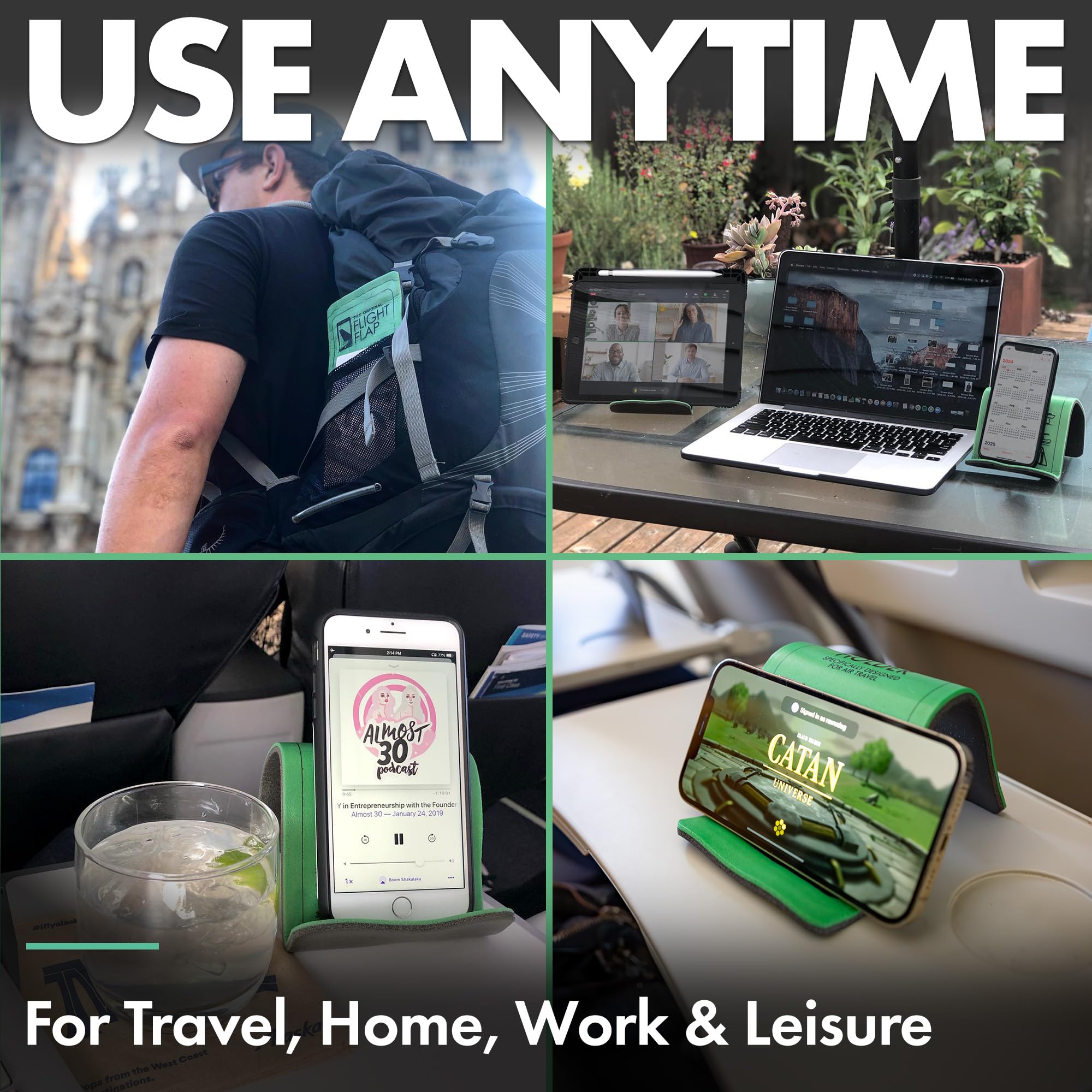 Flexible Airplane Phone Holder & Folding Cellphone Stand - Adjustable for Desk, Bed, Office & Tray Table - Perfect for Long Flights, Travel & Home Use (Original Green)