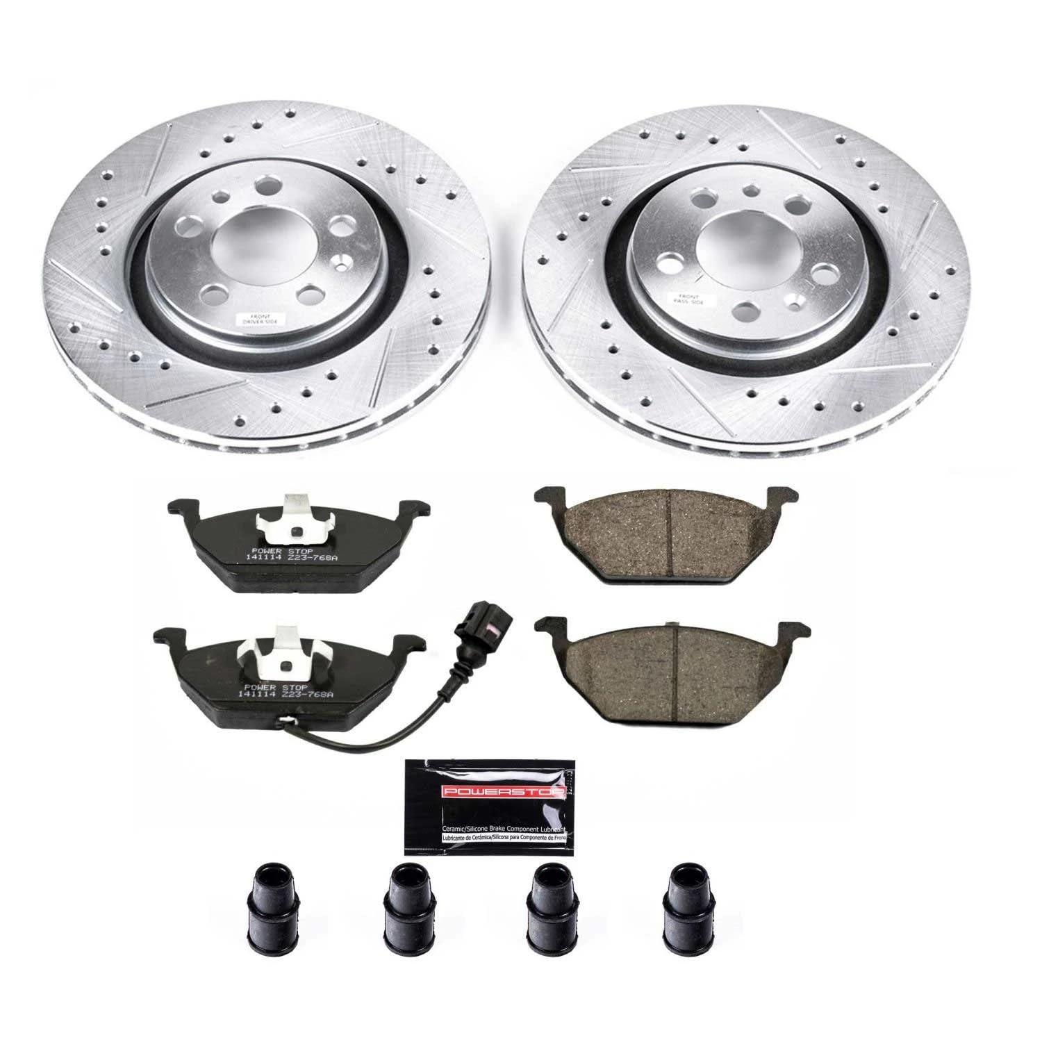 Power Stop K839 Z23 Carbon Fiber Brake Pads & Drilled Slotted Rotors Kit - Front Brake Upgrade for High-Performance Cars, Trucks & SUVs | Improved Stopping Power & Heat Dissipation for Racing, Towing & Daily Driving